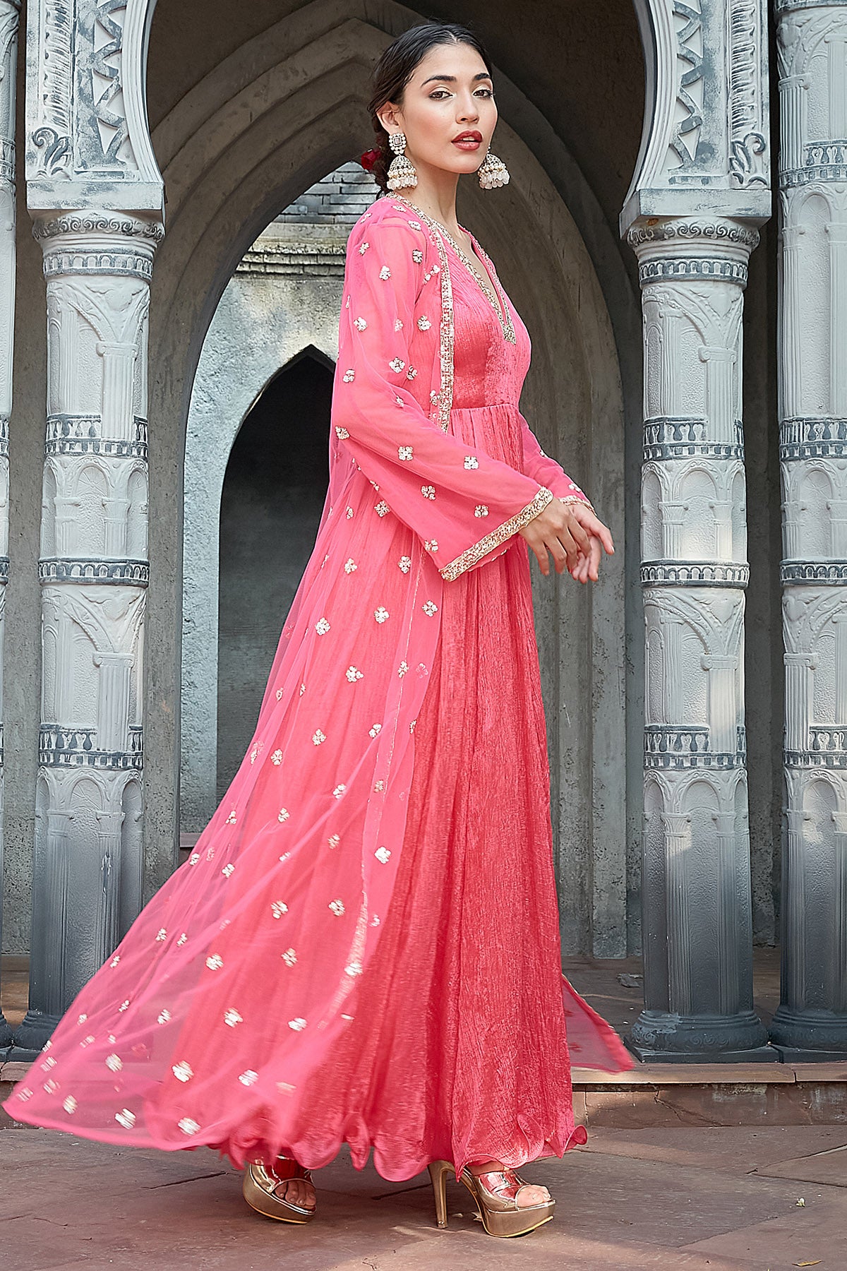 Pink Pearl Sequins Anarkali Set