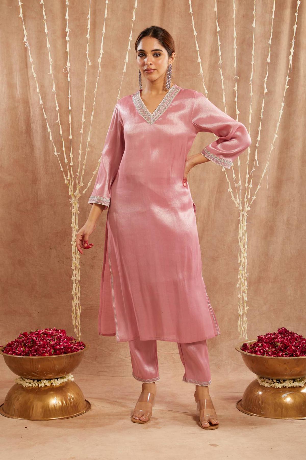 Buy Pink Pearl Tissue Kurta & Pants by Nero for women online at ScrollnShops