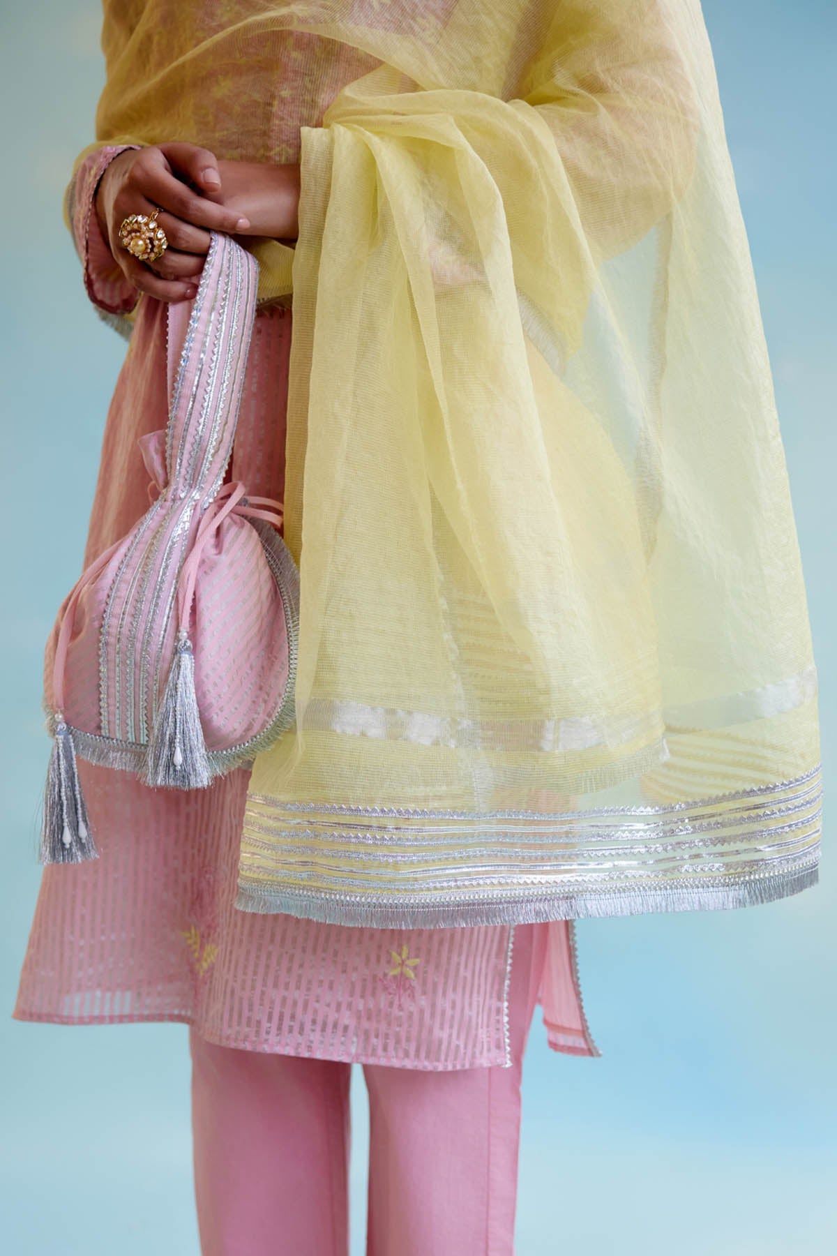 Nero Pink Pearls Handle Potli Bag Accessories online at ScrollnShops