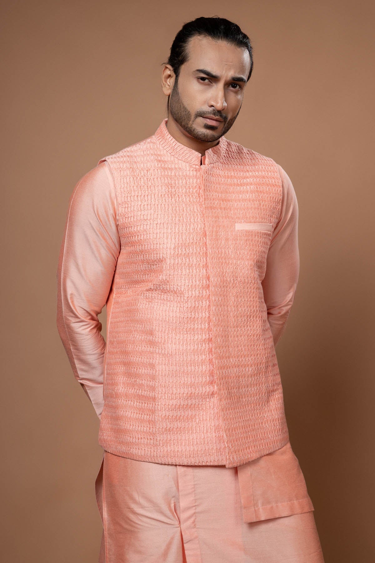 Priyanka Haralalka Pink Pintuck Embroidered Bundi for men online at ScrollnShops