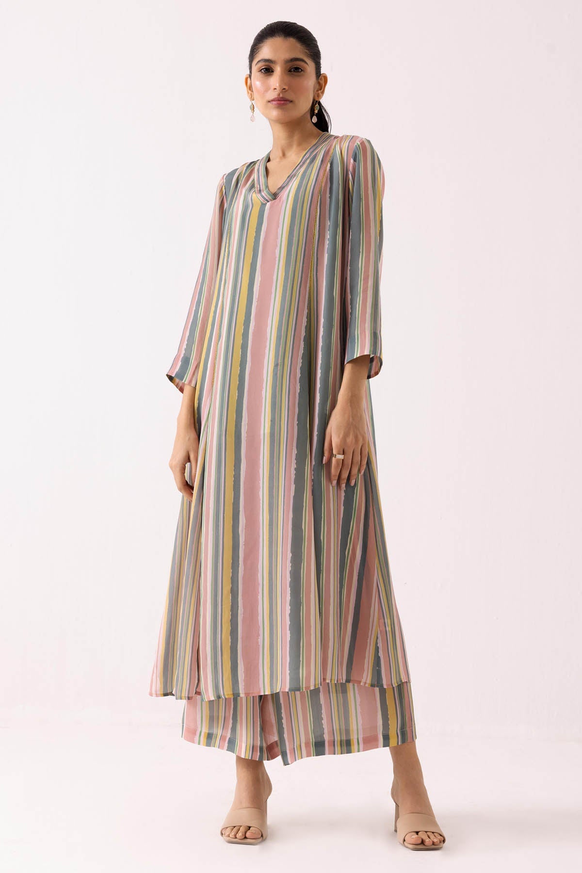 Label Shreya Sharma Pink Pintuck Flare Kurta Set for women online at ScrollnShops