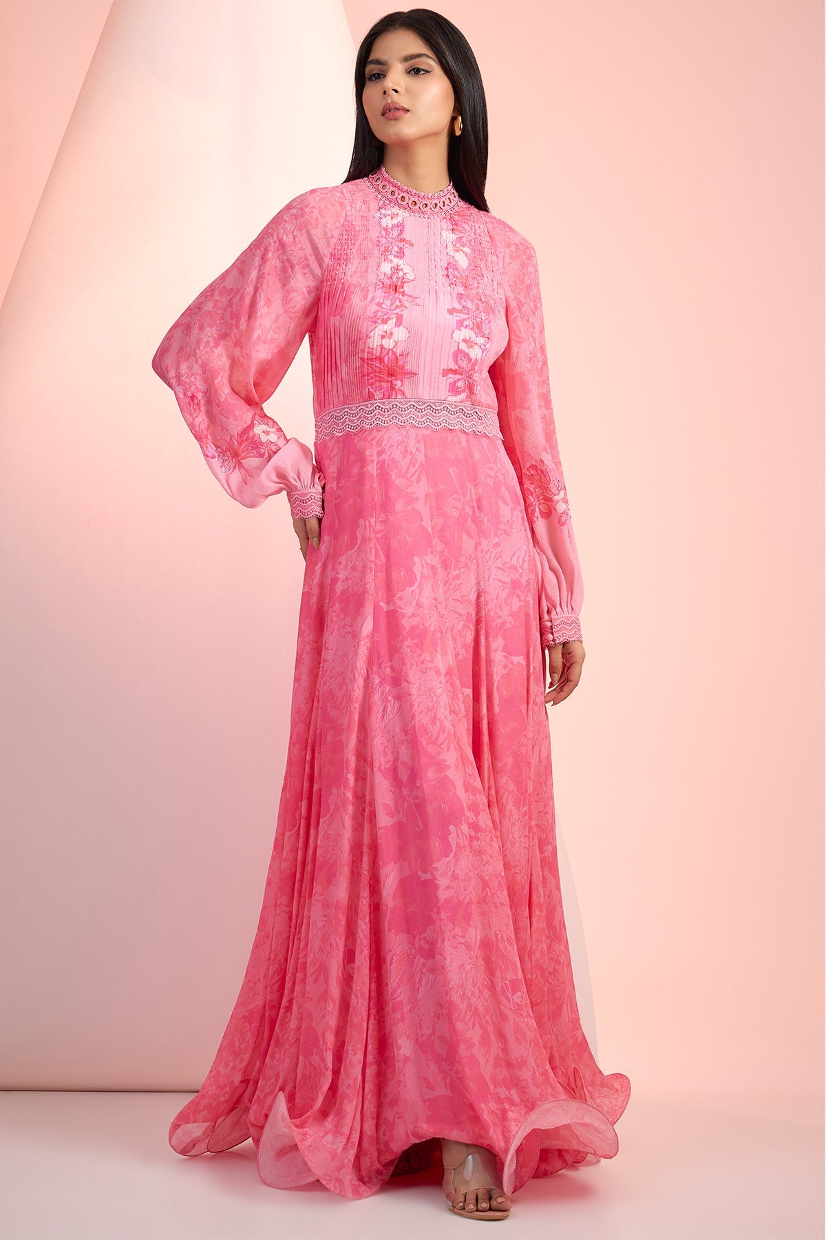 Buy Pink Pintuck Printed Maxi Dress by Mandira Wirk for Women online at ScrollnShops