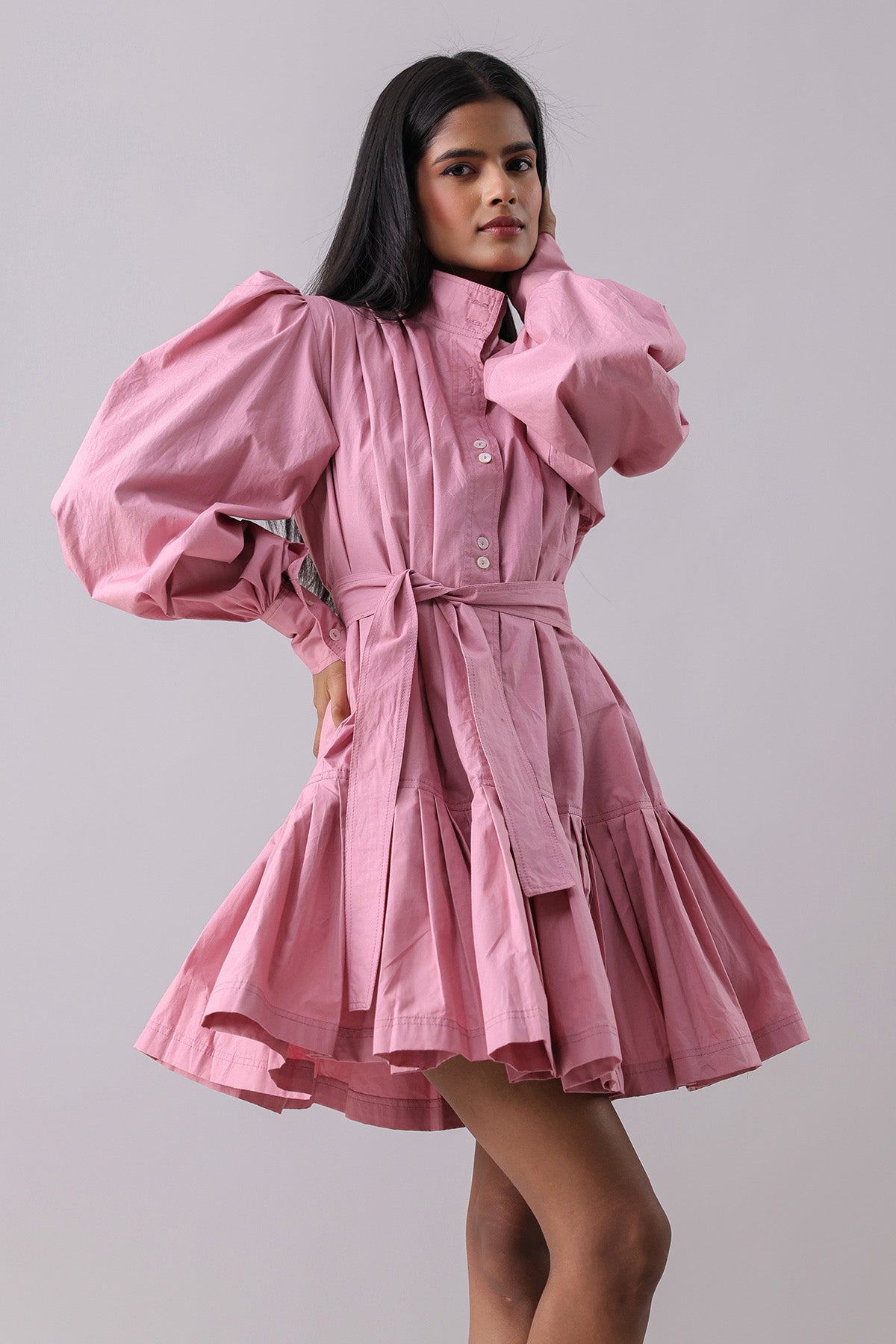 Pink Pleated Mini Shirt Dress