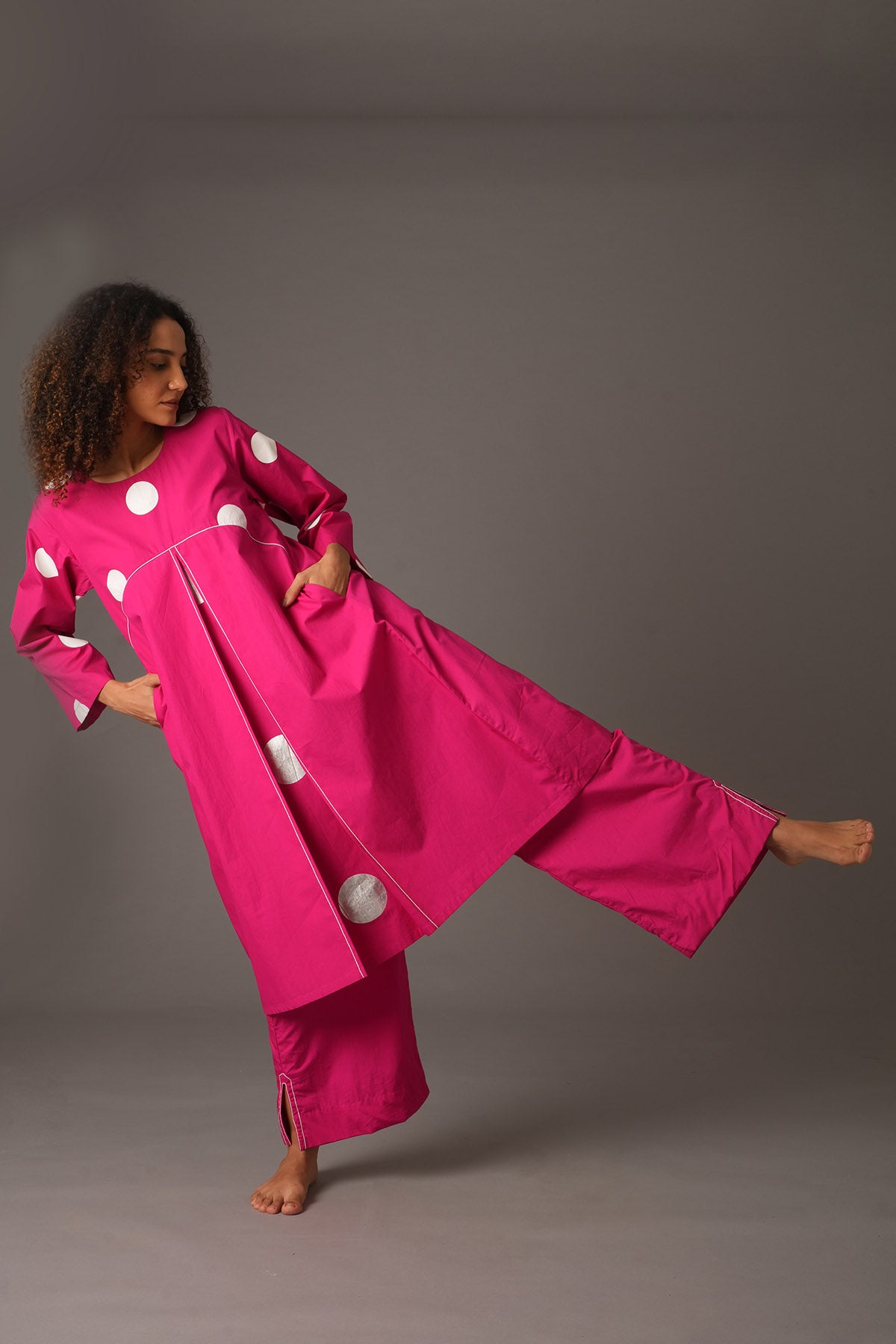 Pink Polka Printed Kurta Set