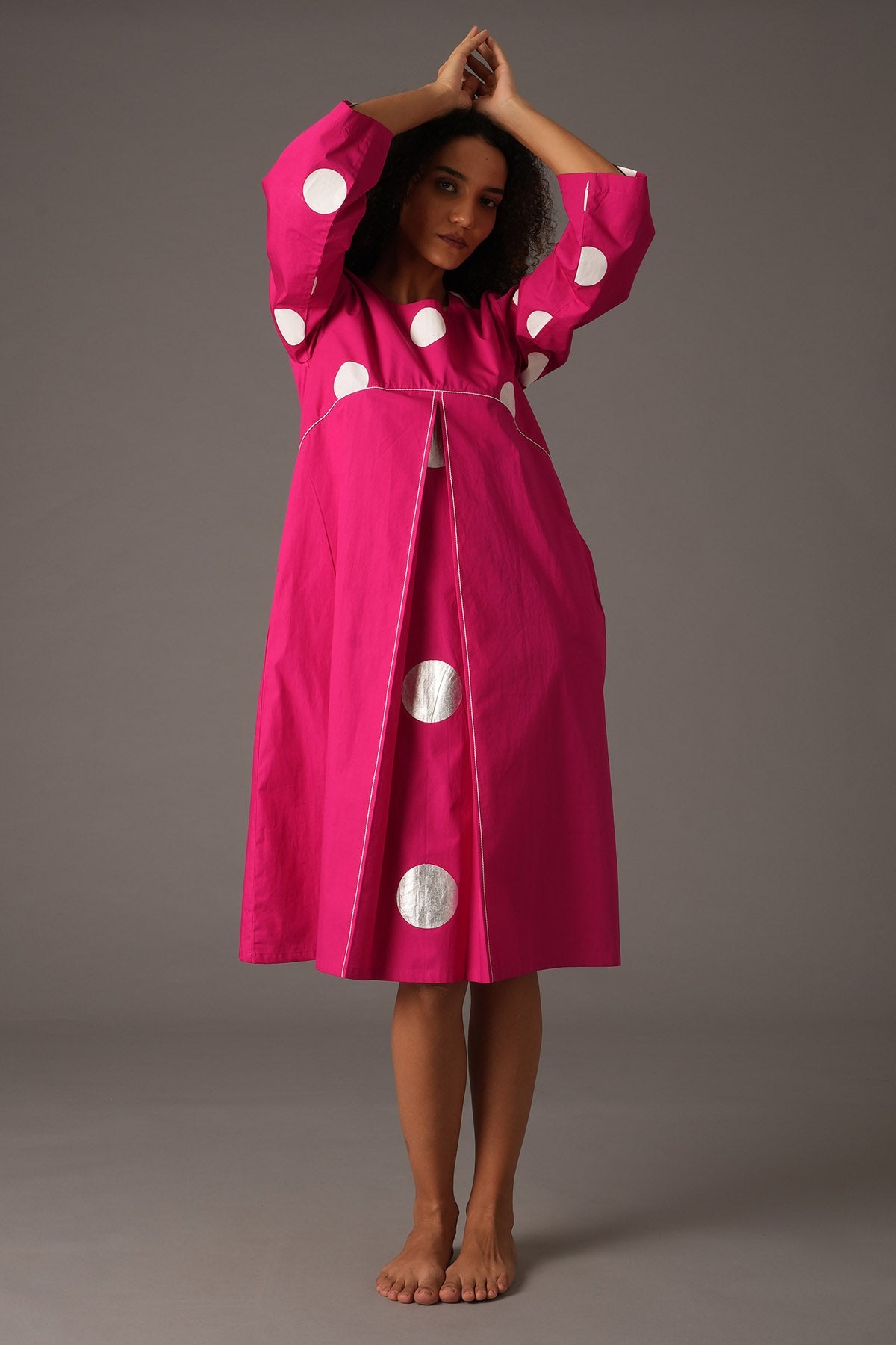 Khat Clothing Pink Polka Printed Midi Dress for women online at ScrollnShops