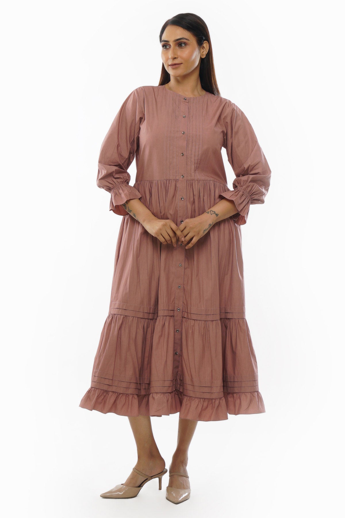 Pink Poplin Cotton Tiered Dress