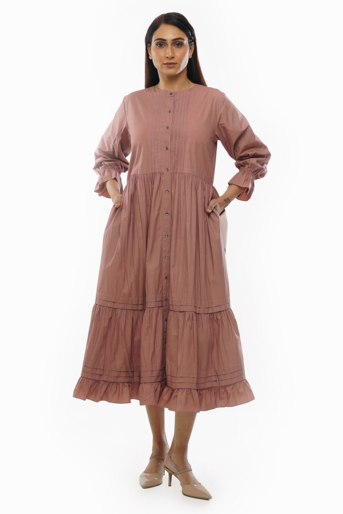 Khat Clothing Pink Poplin Cotton Tiered Dress for women online at ScrollnShops