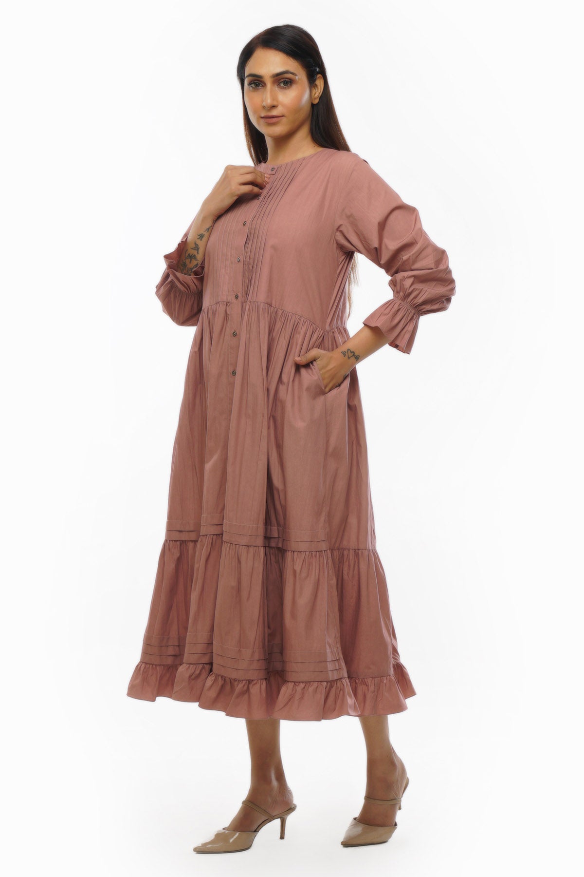 Pink Poplin Cotton Tiered Dress