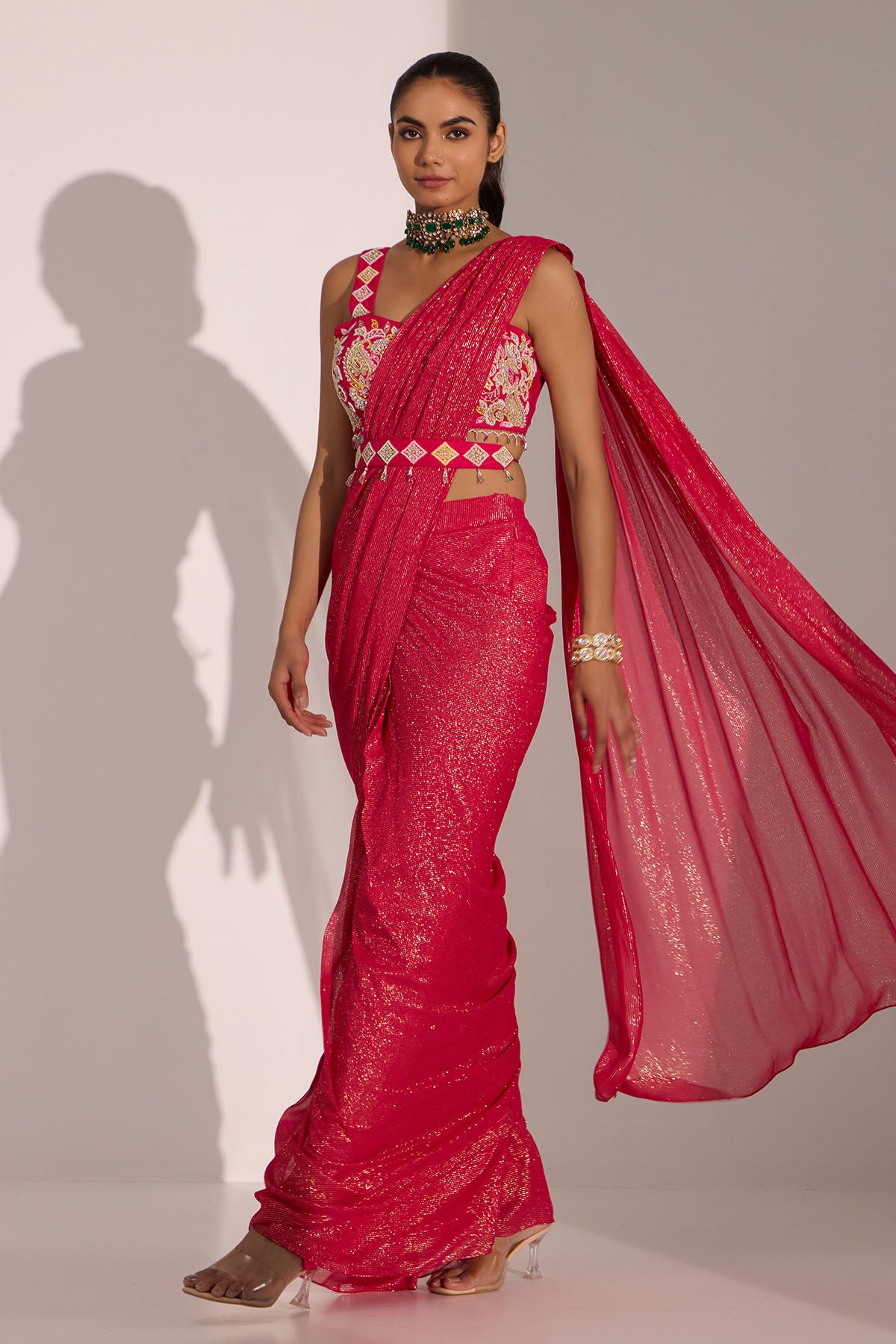 Pink Pre-Draped Saree & Belt