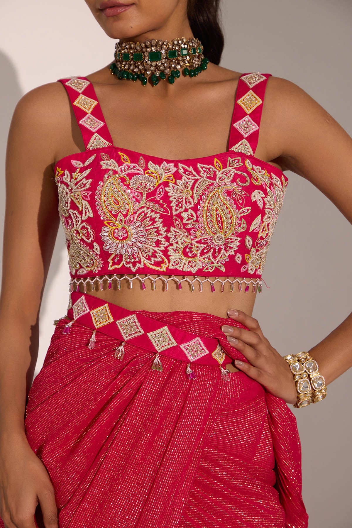 Pink Pre-Draped Saree & Belt