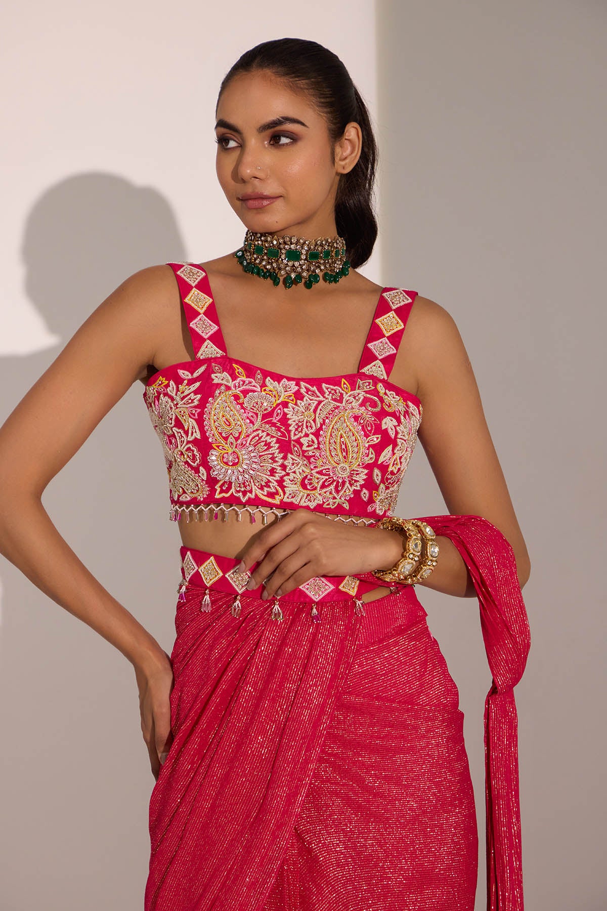 Pink Pre-Draped Saree & Belt