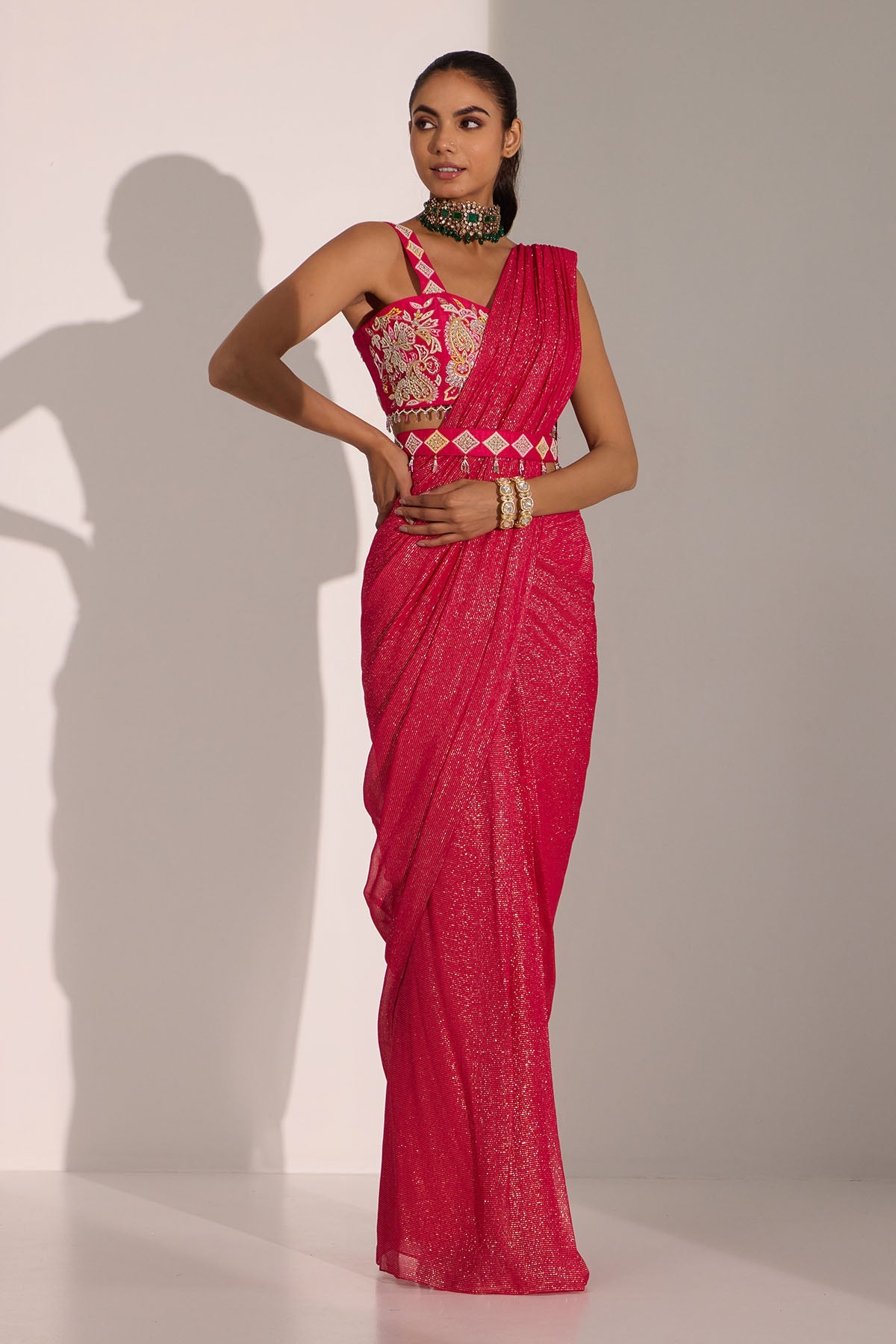 Buy Pink Pre-Draped Saree & Belt by Nitisha Kashyap for women online at ScrollnShops