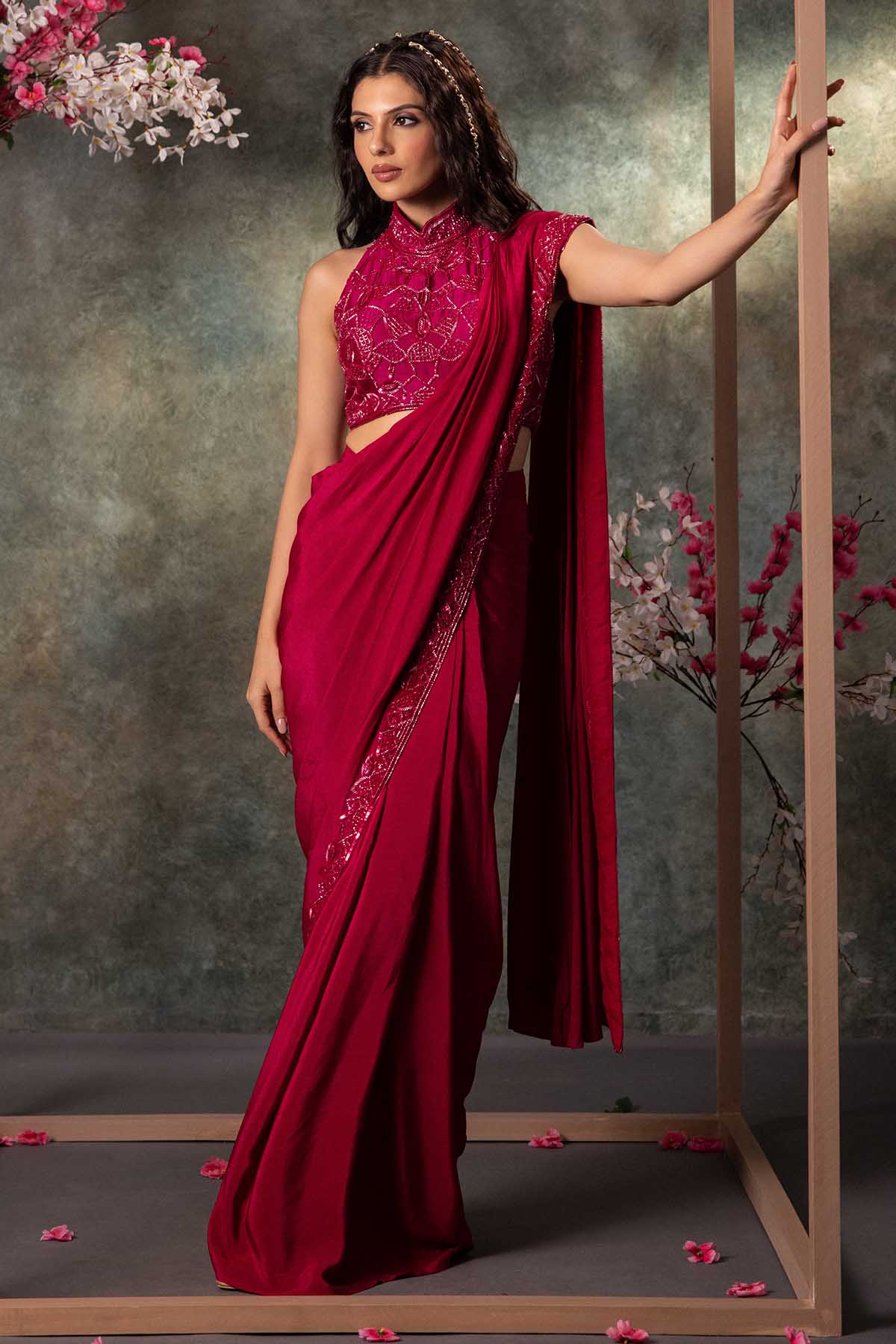 Buy Pink Pre-Draped Saree & Blouse by Mehak Murpana for women online at ScrollnShops