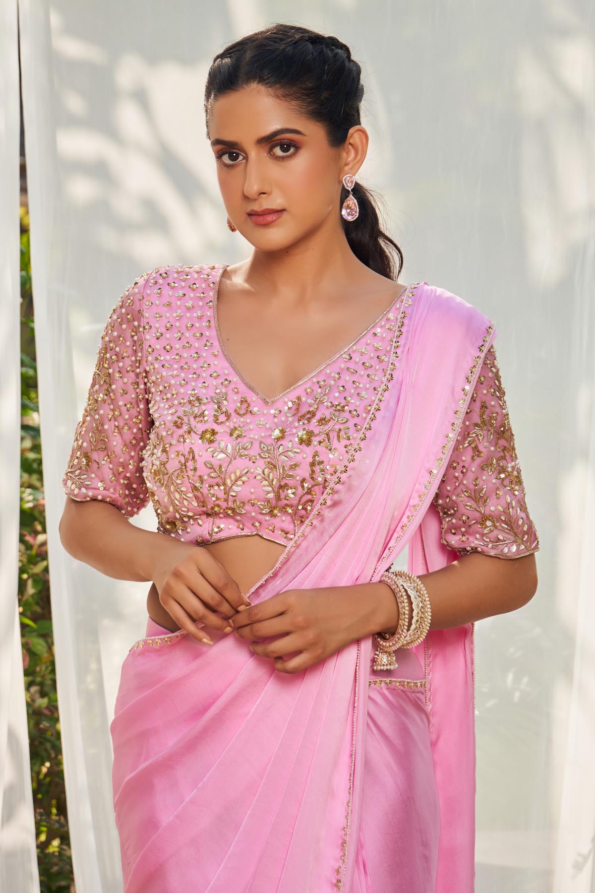 Pink Pre-Stitched Saree & Blouse