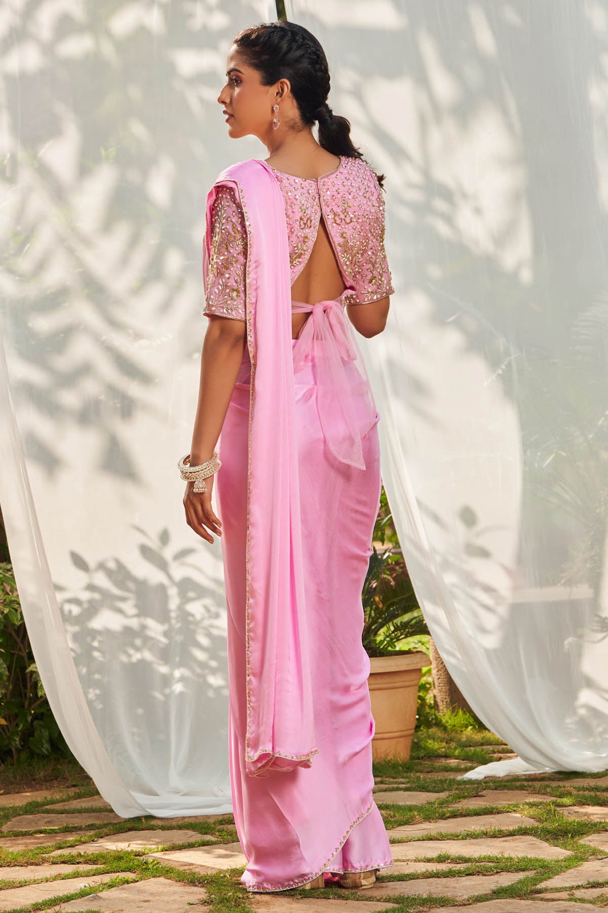 Pink Pre-Stitched Saree & Blouse