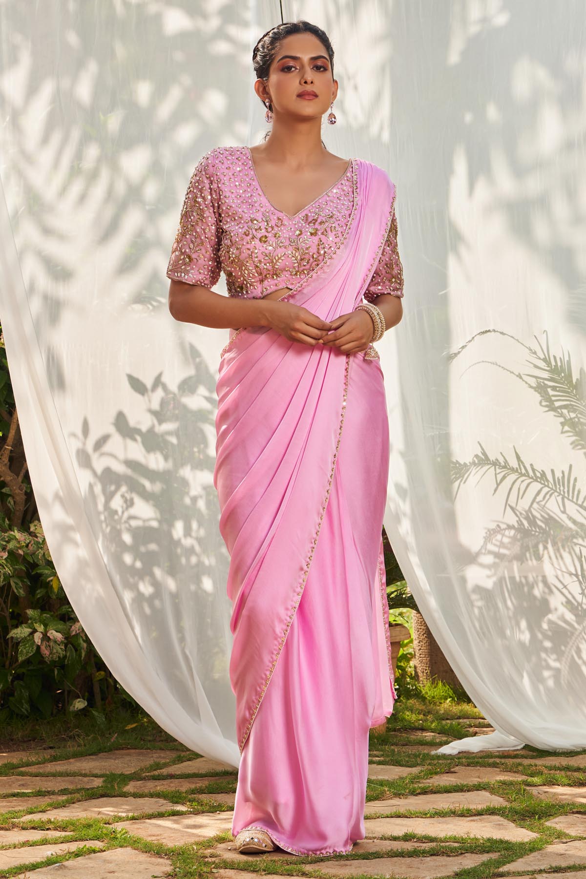 Megha Pitti Pink Pre-Stitched Saree & Blouse for women online at ScrollnShops