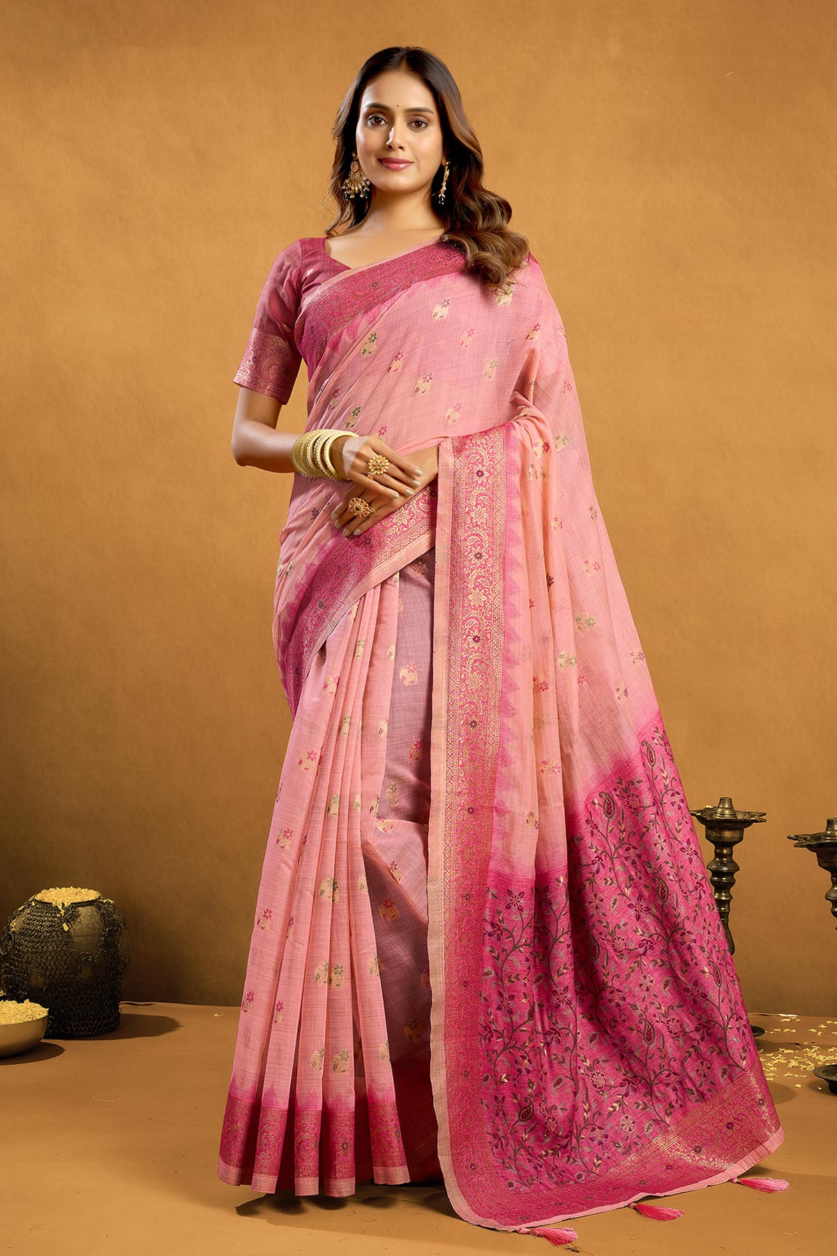 Buy Pink Premium Spun Cotton Saree for women by Jyoti Fashion online available at scrollnshops