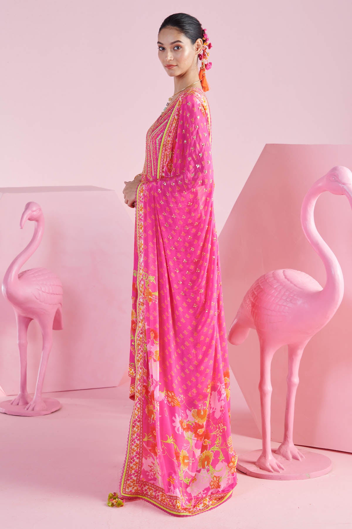 Pink Print Asymmetric Kurta Set