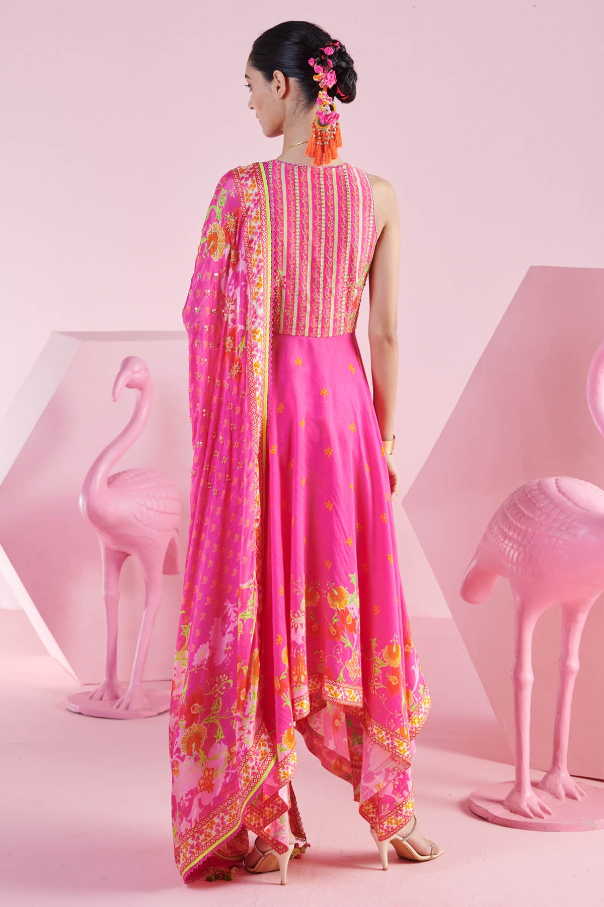 Pink Print Asymmetric Kurta Set