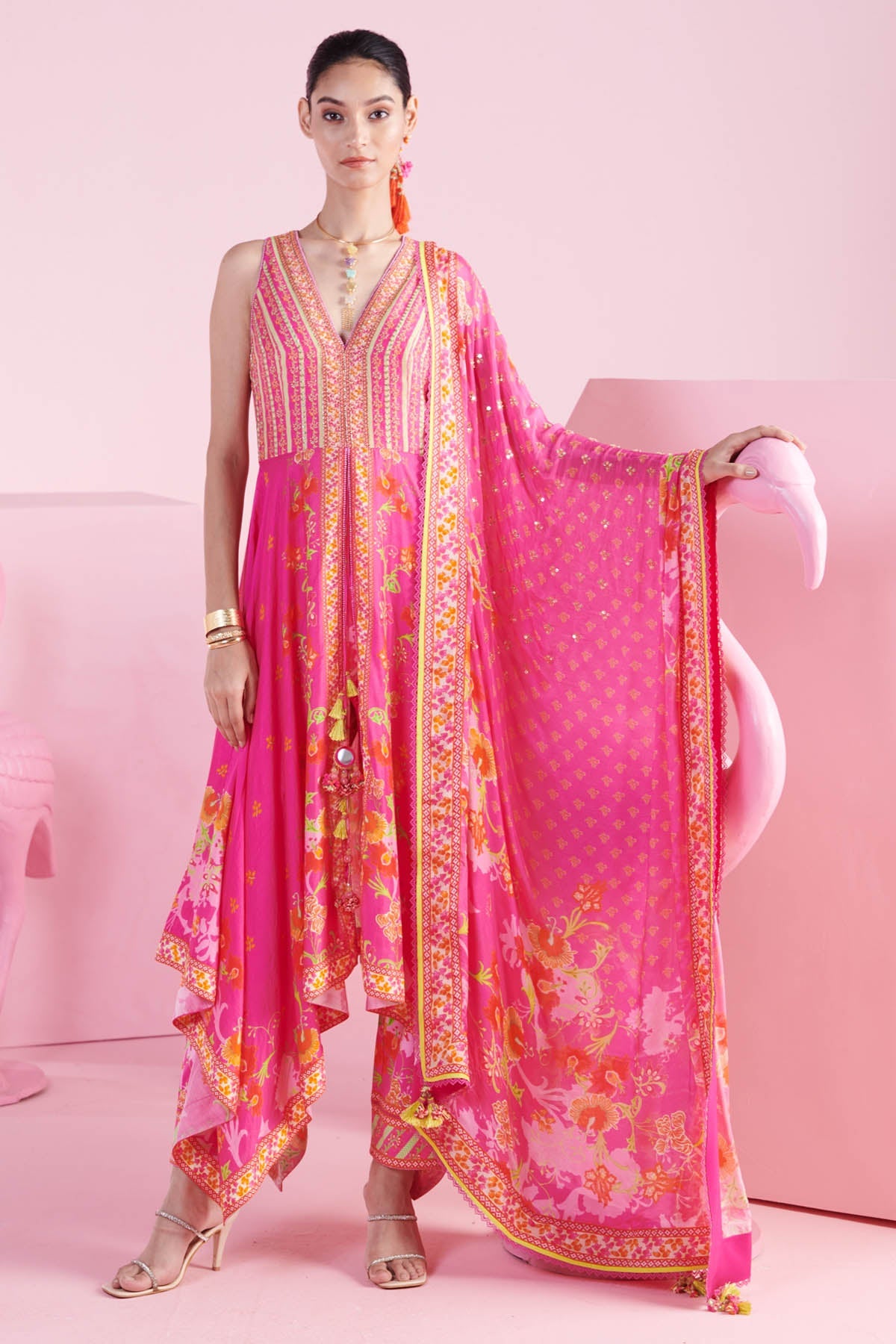 Buy Pink Print Asymmetric Kurta Set by Mandira Wirk