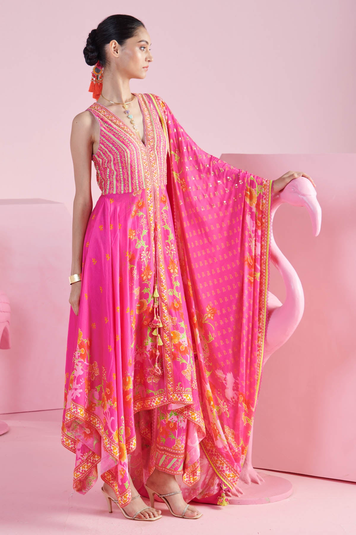 Pink Print Asymmetric Kurta Set