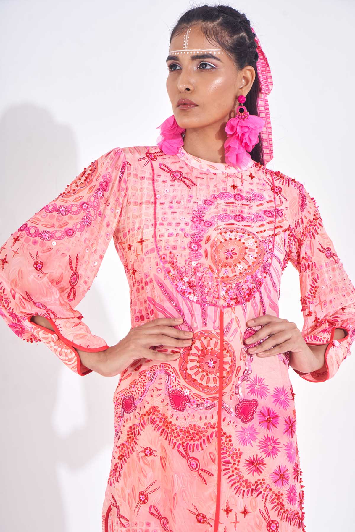 Pink Print Embellished Kurta Set