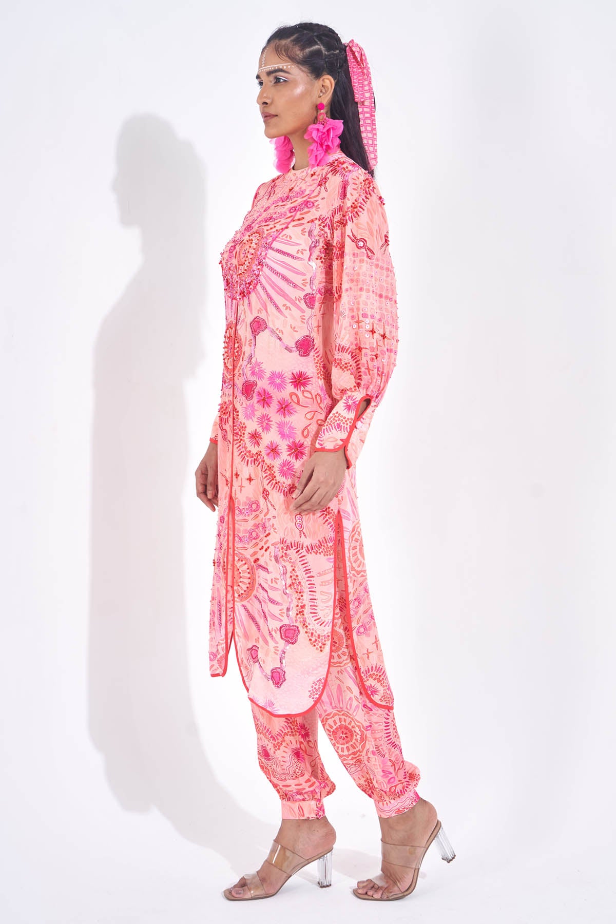 Pink Print Embellished Kurta Set