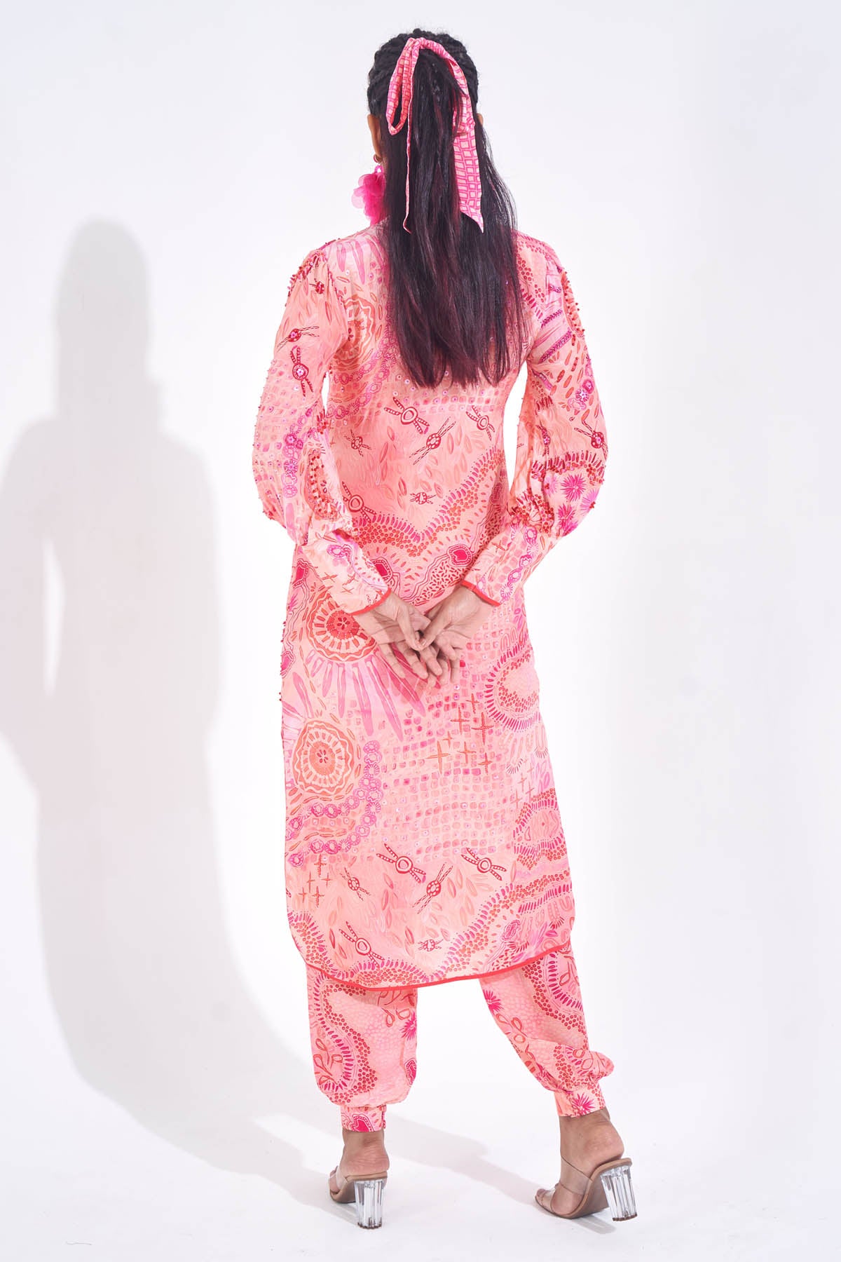 Pink Print Embellished Kurta Set