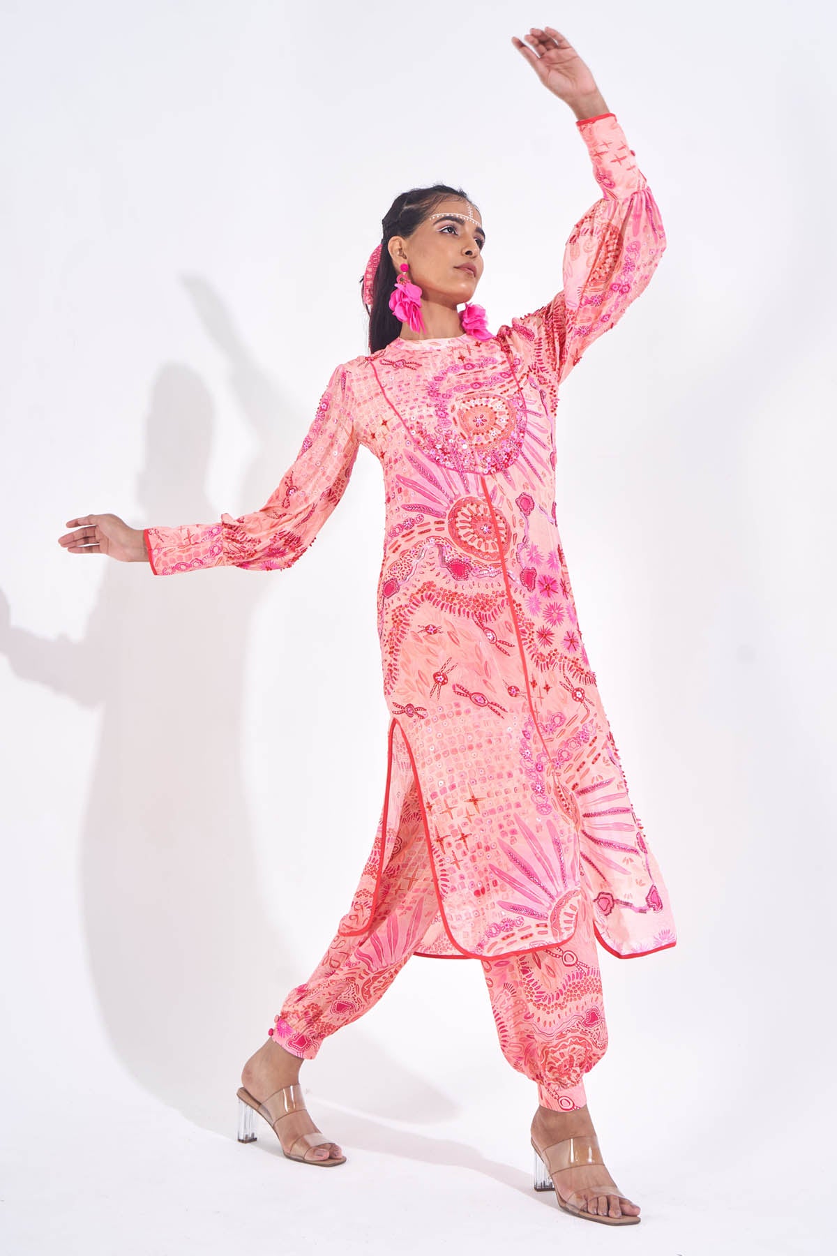 Pink Print Embellished Kurta Set