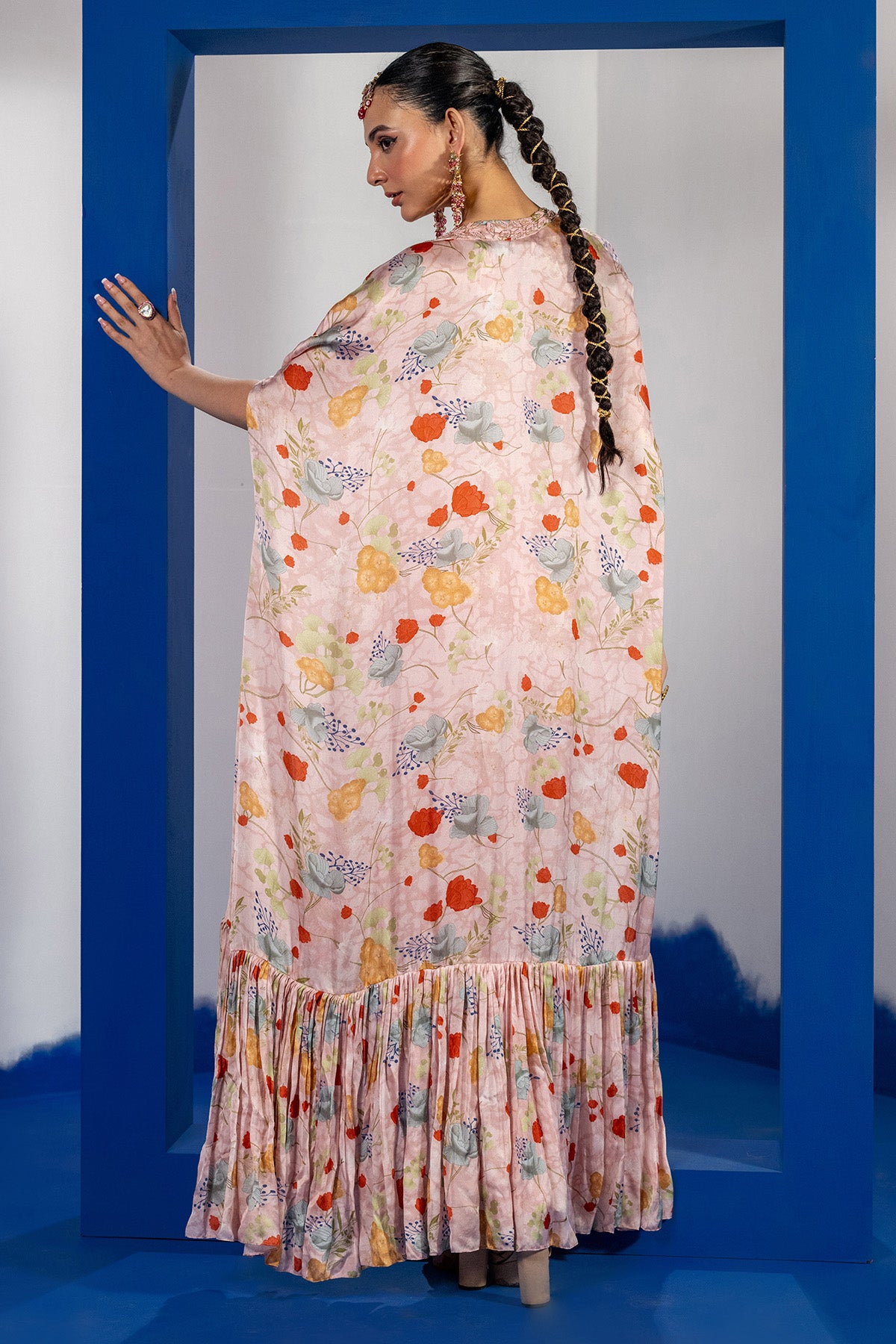 Pink Print Embroidered Cape Set