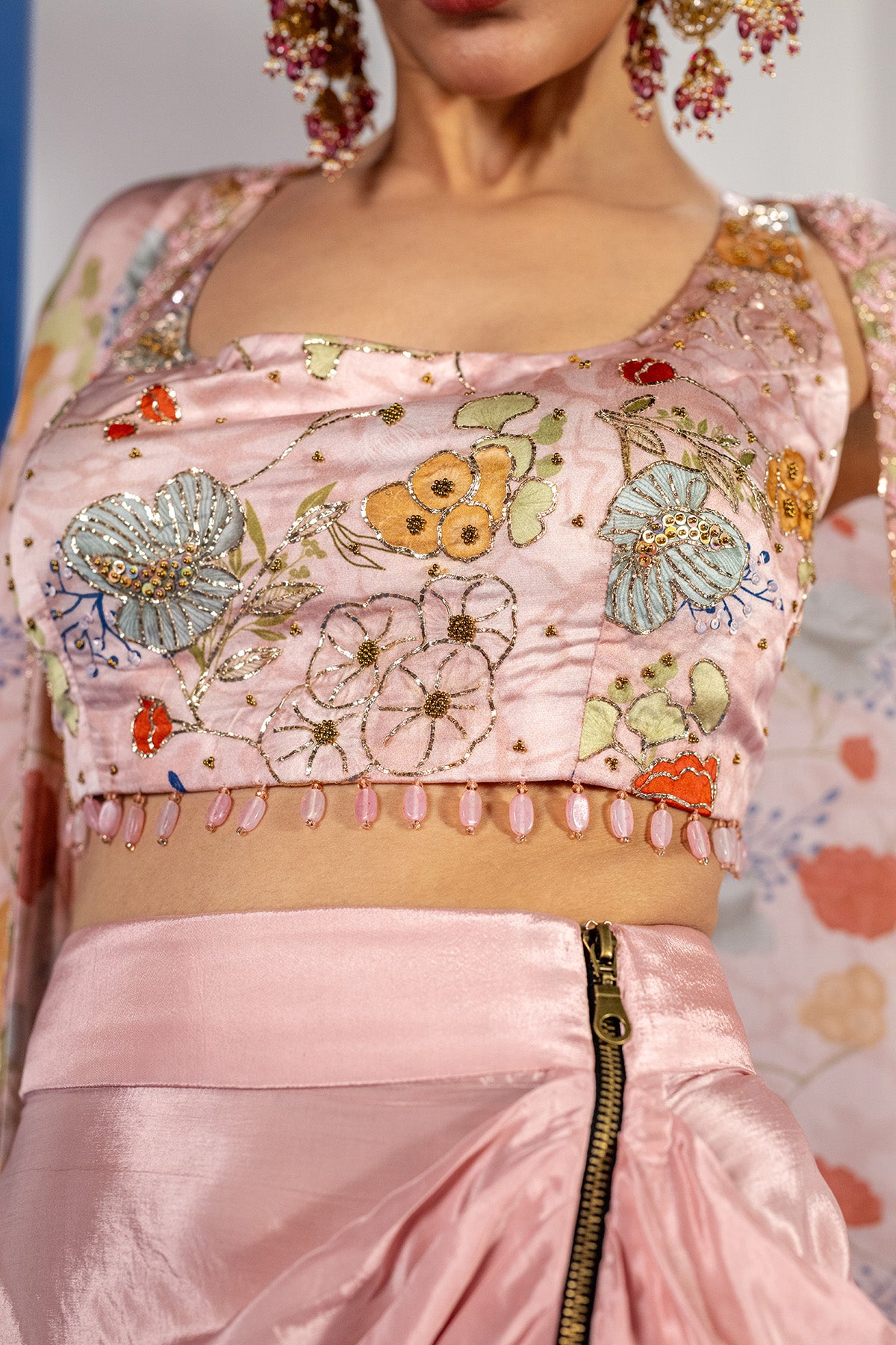 Pink Print Embroidered Cape Set