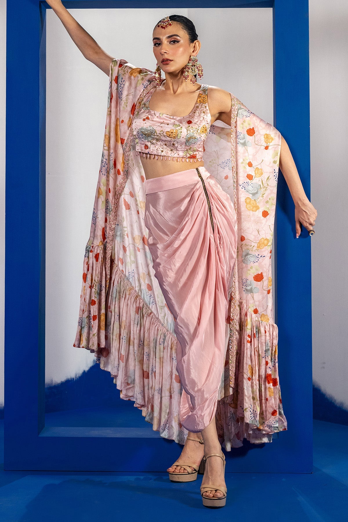 Buy Pink Print Embroidered Cape Set by Shristi Chetani for women online at ScrollnShops