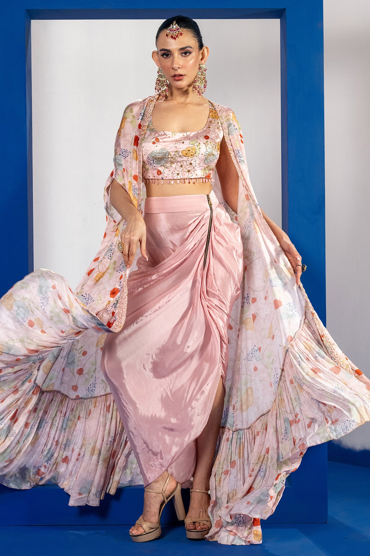 Pink Print Embroidered Cape Set