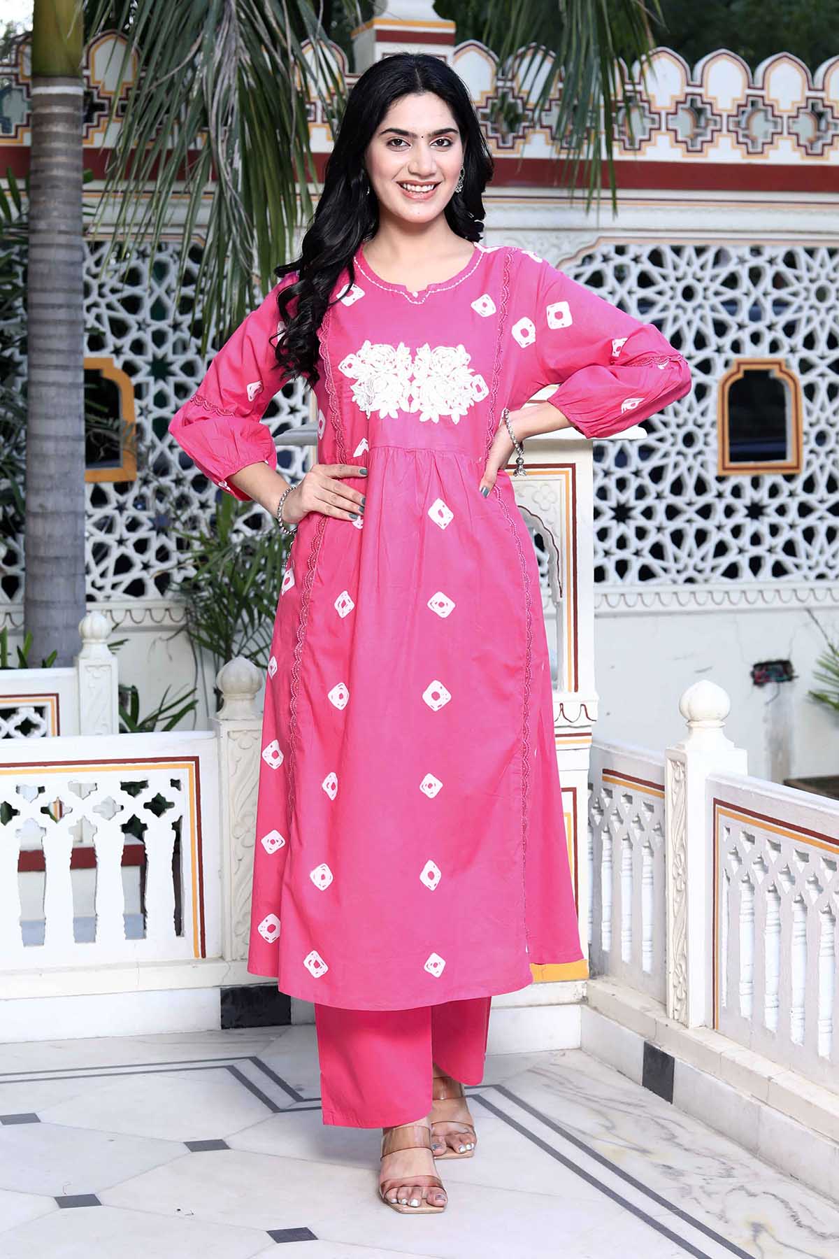 Buy Pink Print Embroidered Kurta Set by Miravan for women online at ScrollnShops