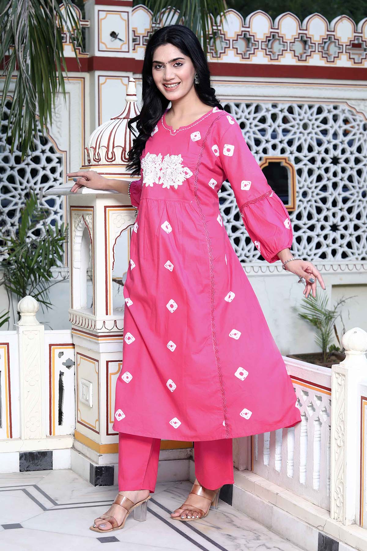 Pink Print Embroidered Kurta Set
