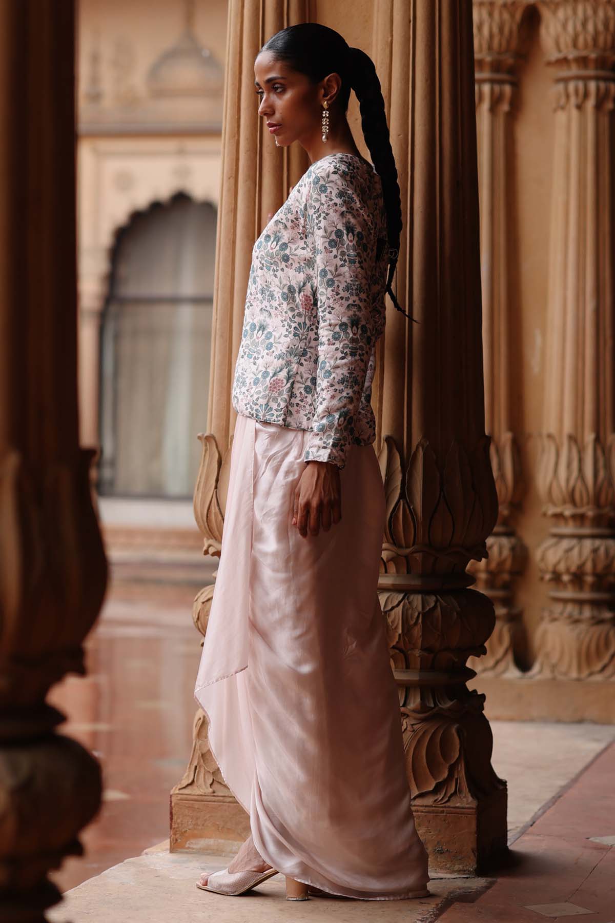 Pink Print Jacket & Draped Skirt