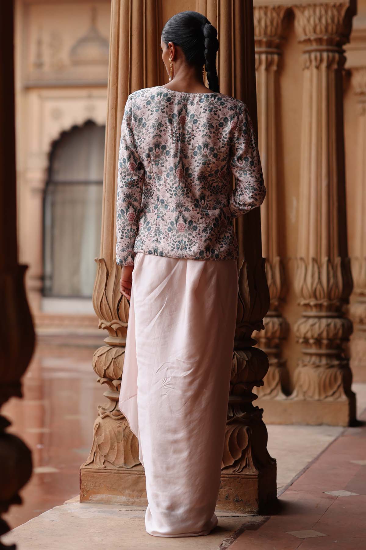 Pink Print Jacket & Draped Skirt