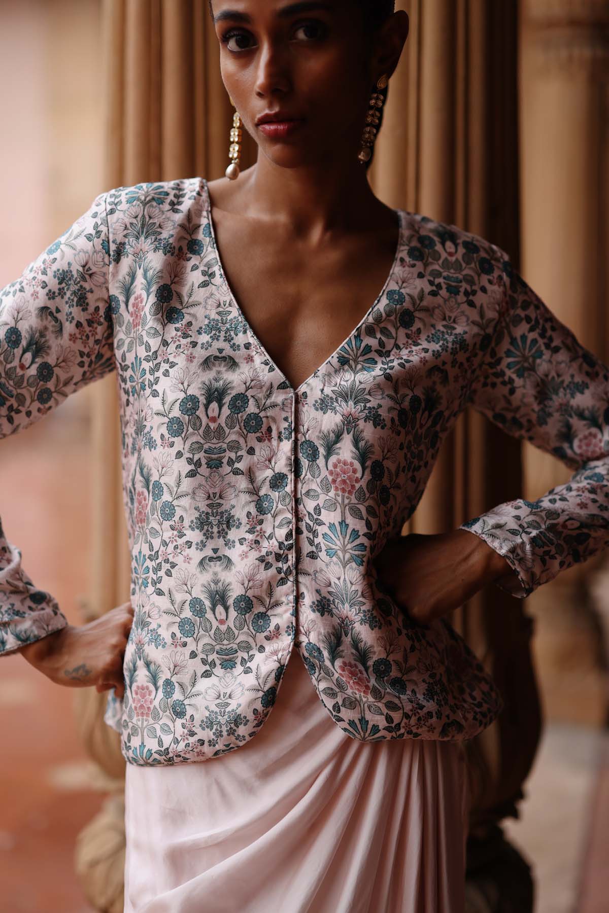 Pink Print Jacket & Draped Skirt