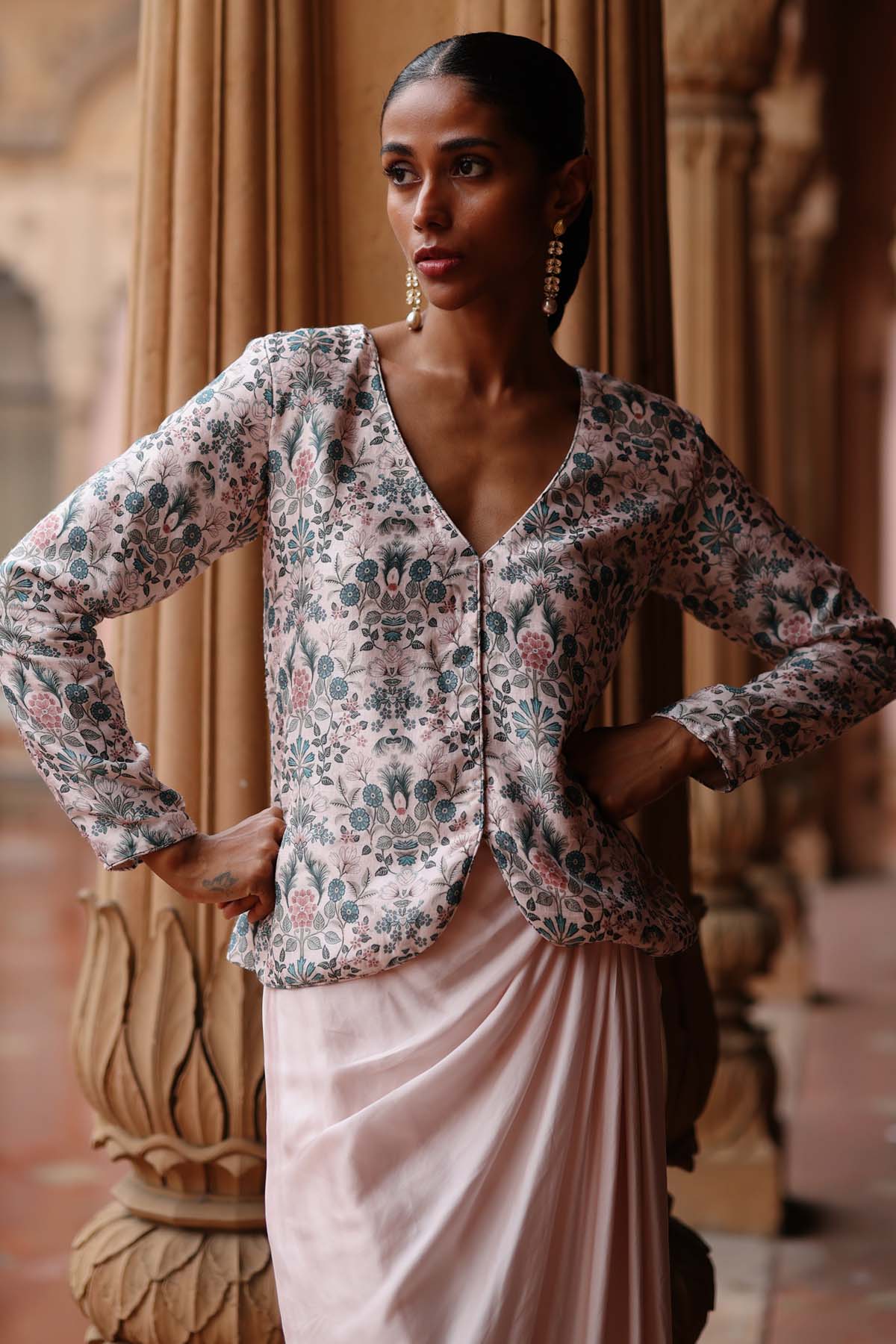 Pink Print Jacket & Draped Skirt