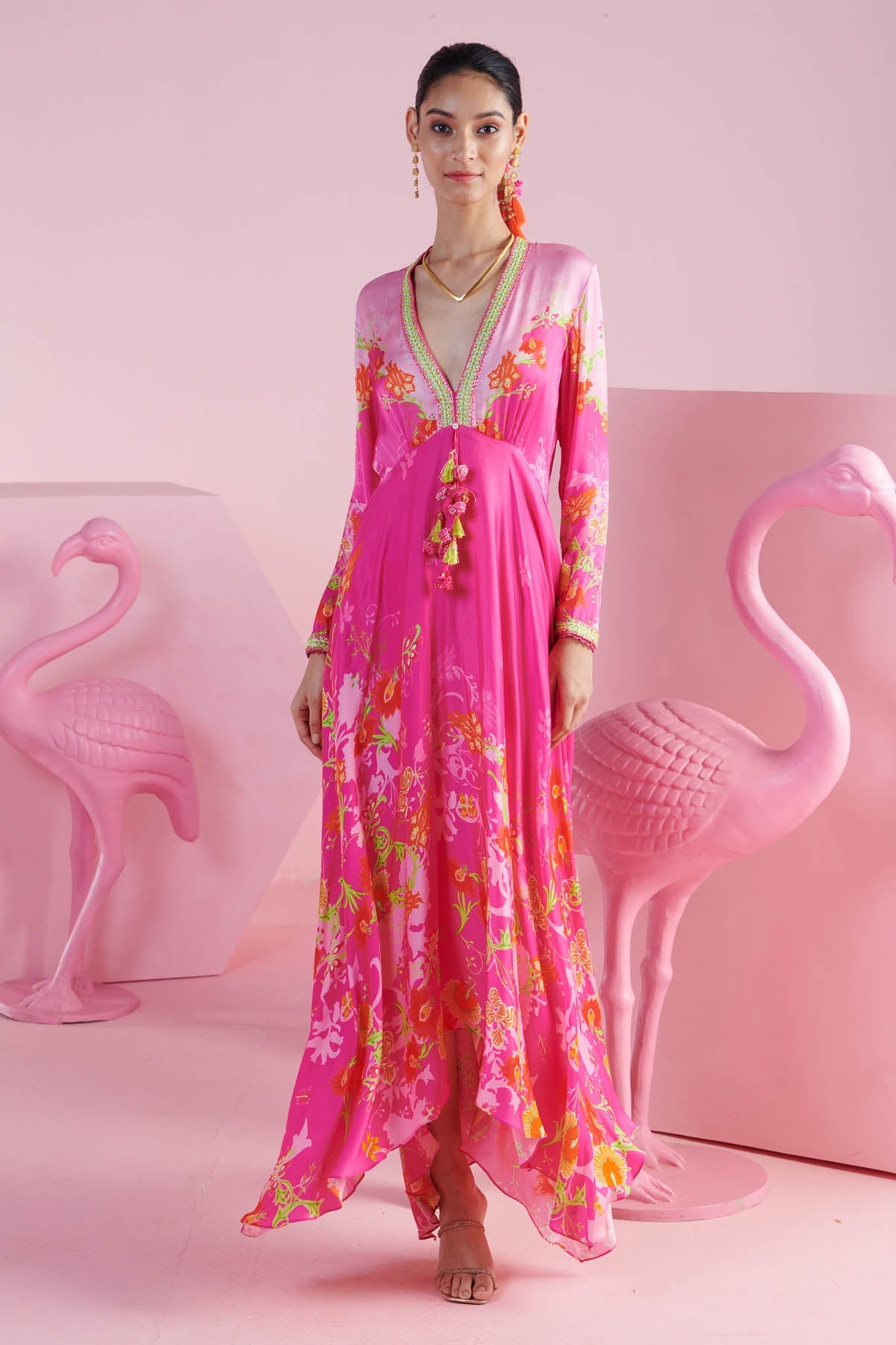 Buy Pink Printed Asymmetrical Dress by Mandira Wirk