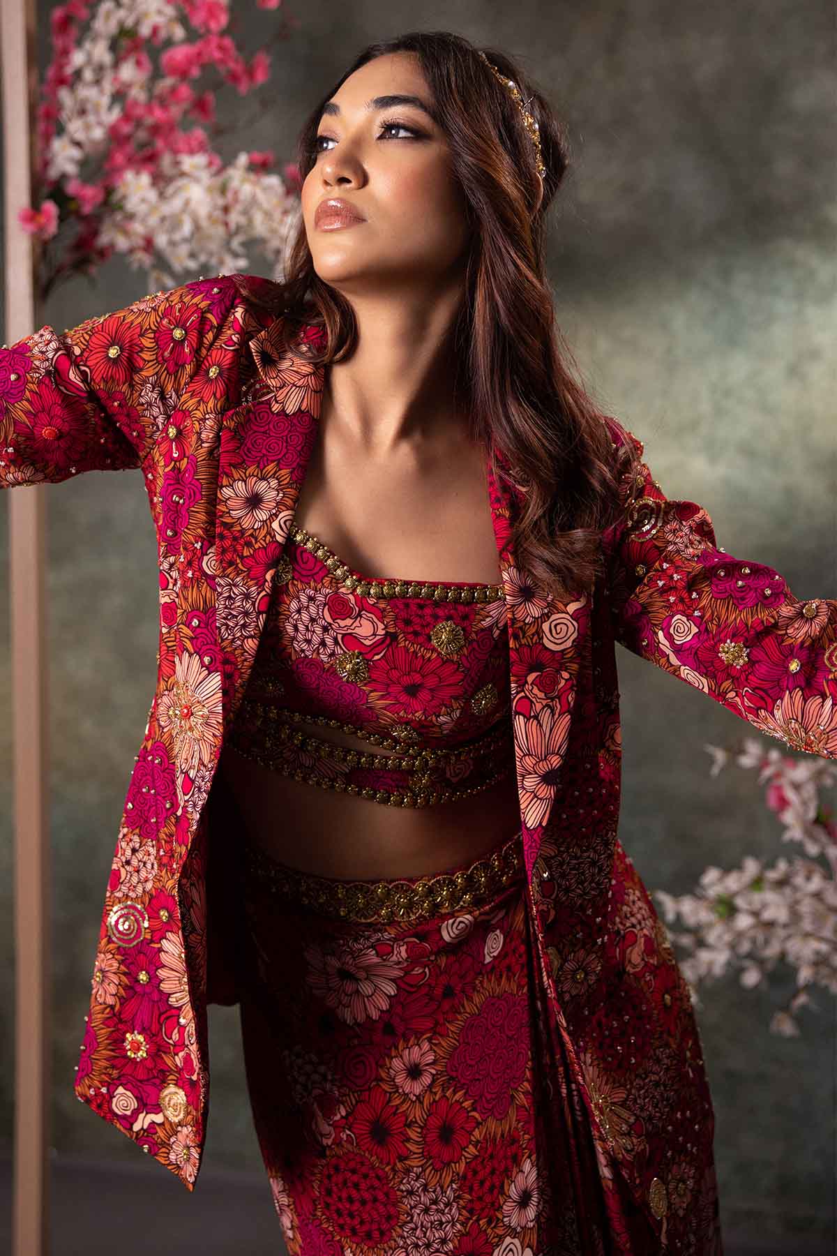 Pink Printed Blazer & Skirt Set