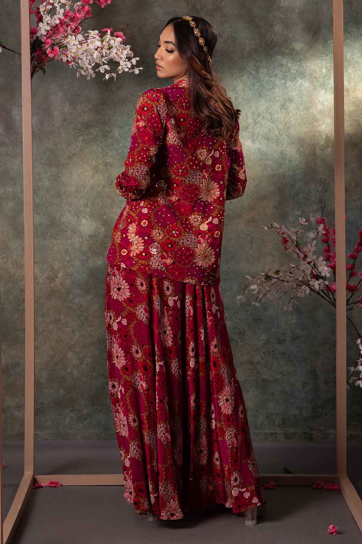 Pink Printed Blazer & Skirt Set