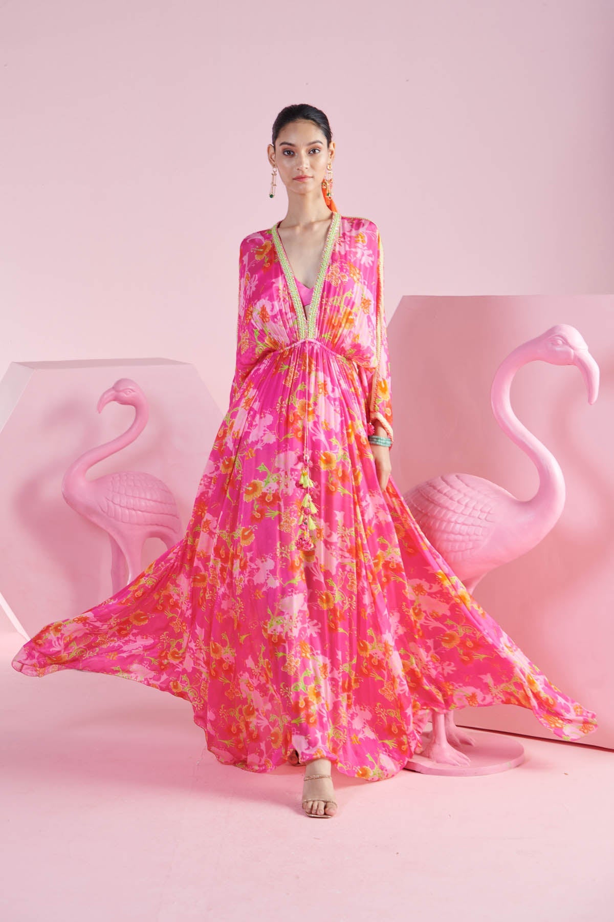 Mandira Wirk Pink Printed Deep V-Neck Kaftan for women online at ScrollnShops