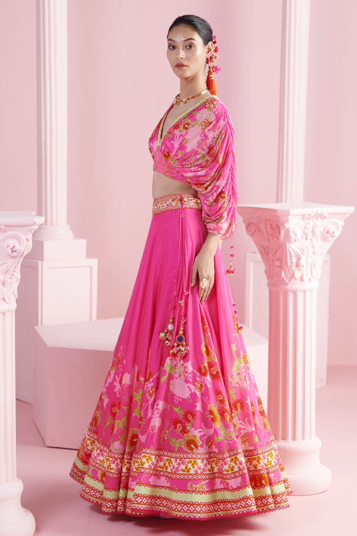 Pink Printed Drape Lehenga Set