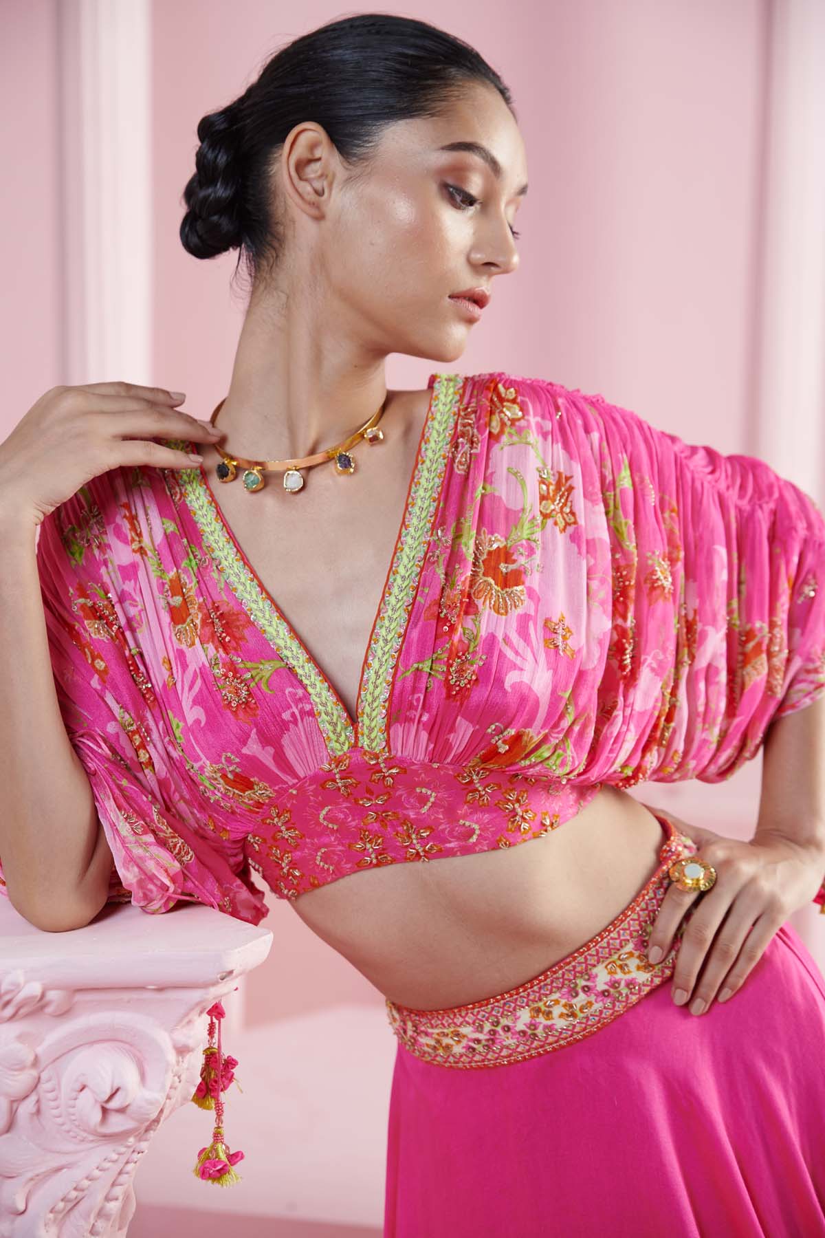 Pink Printed Drape Lehenga Set