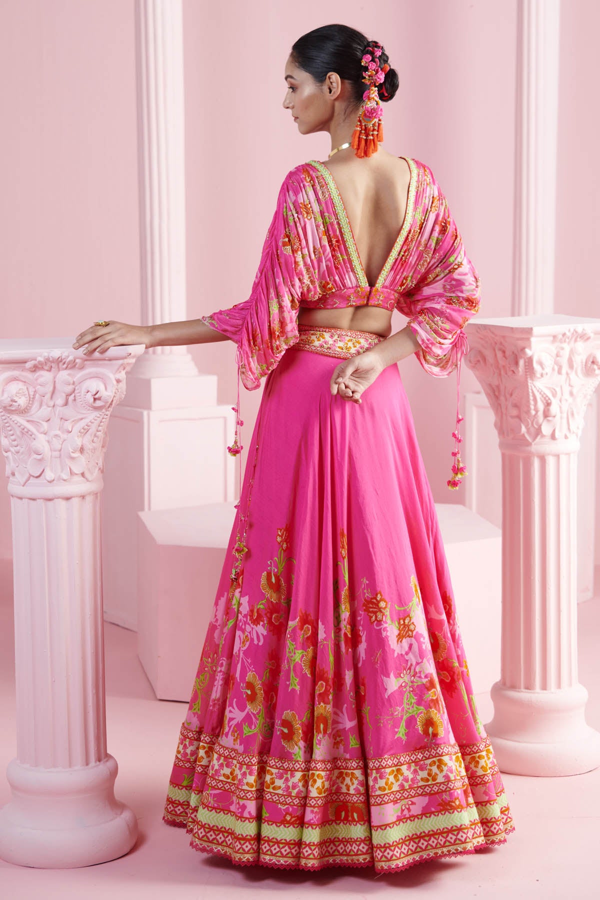 Pink Printed Drape Lehenga Set
