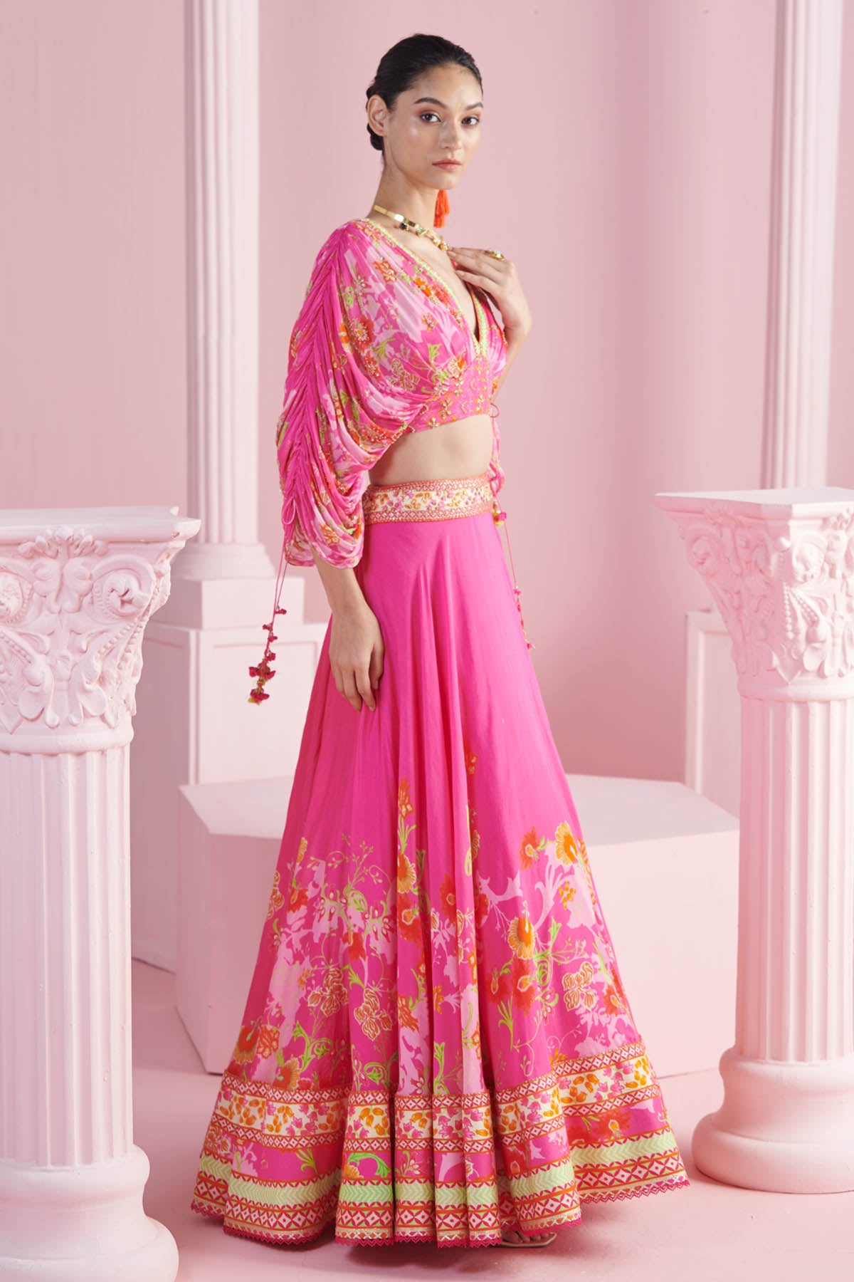 Pink Printed Drape Lehenga Set