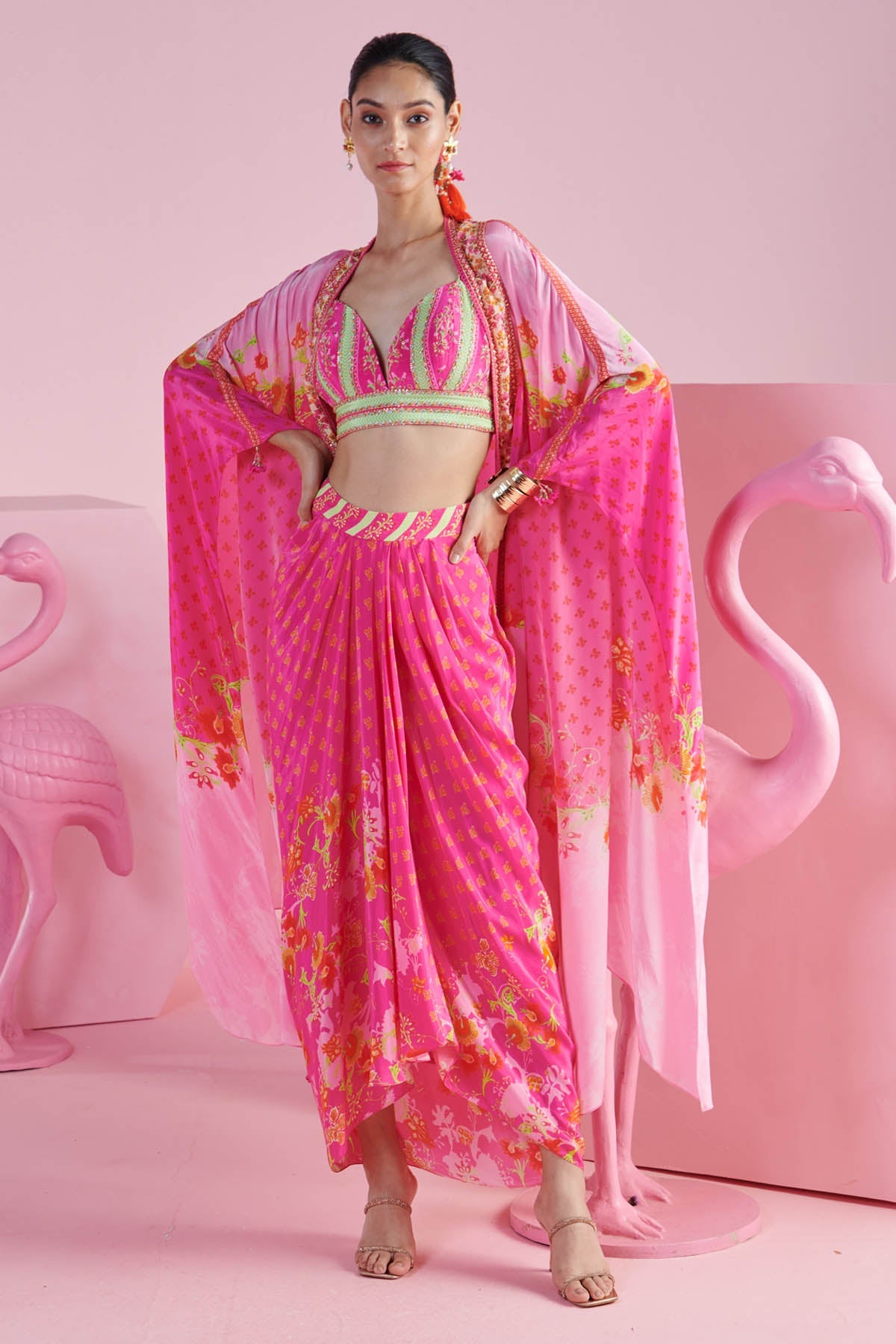 Mandira Wirk Pink Printed Drape Skirt Set for women online at ScrollnShops