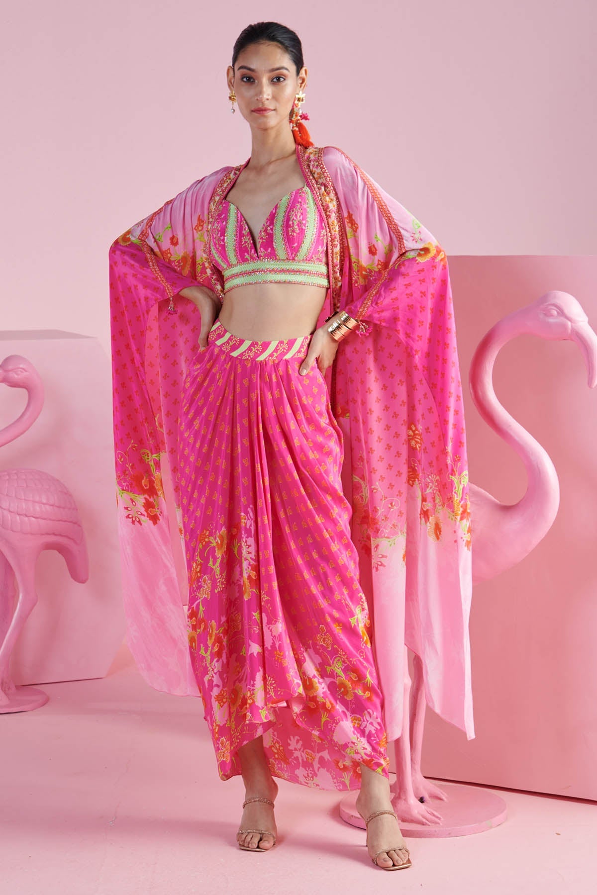 Buy Pink Printed Drape Skirt Set by Mandira Wirk