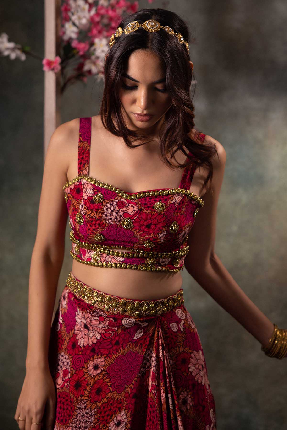 Pink Printed Draped Skirt Set